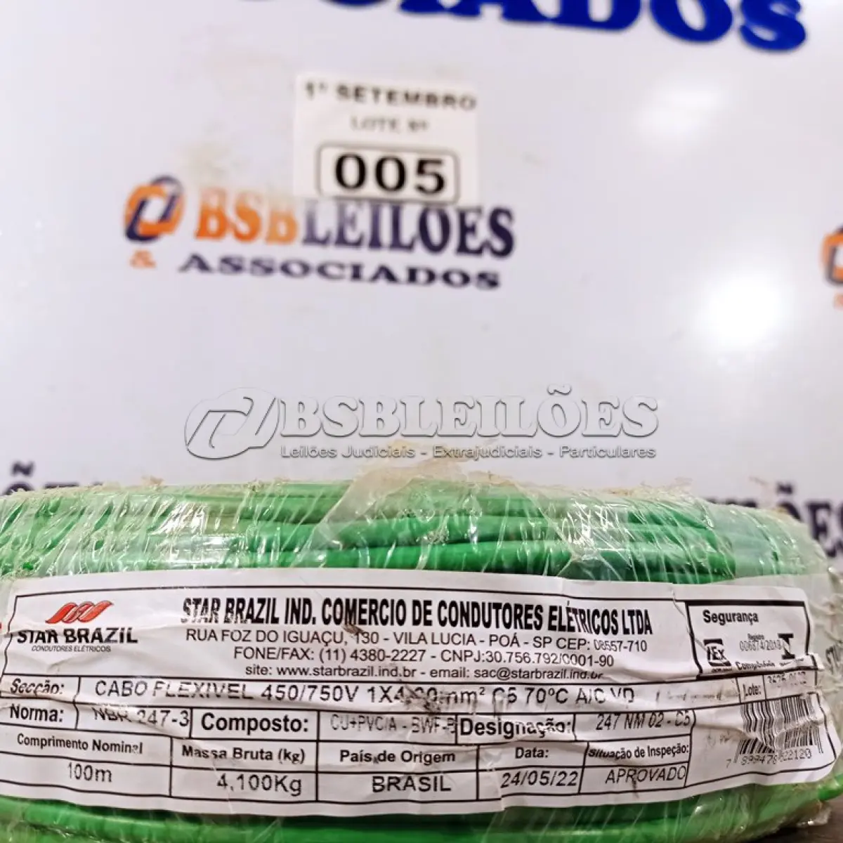 LOTE 005 - 01 ROLO DE CABO FLEXÍVEL 100M 4MM NA COR VERDE. (NO ESTADO) ATENÇÃO! FAZER A VISITAÇÃO ANTES DE ARREMATAR, NÃO SABEMOS SE FUNCIONA. LEILÃO NÃO TEM GARANTIA E NEM DEVOLUÇÃO, SUJEITO A POSSÍVEIS AVARIAS VISÍVEIS/OCULTAS E/OU AUSÊNCIA DE COMPONENTES.