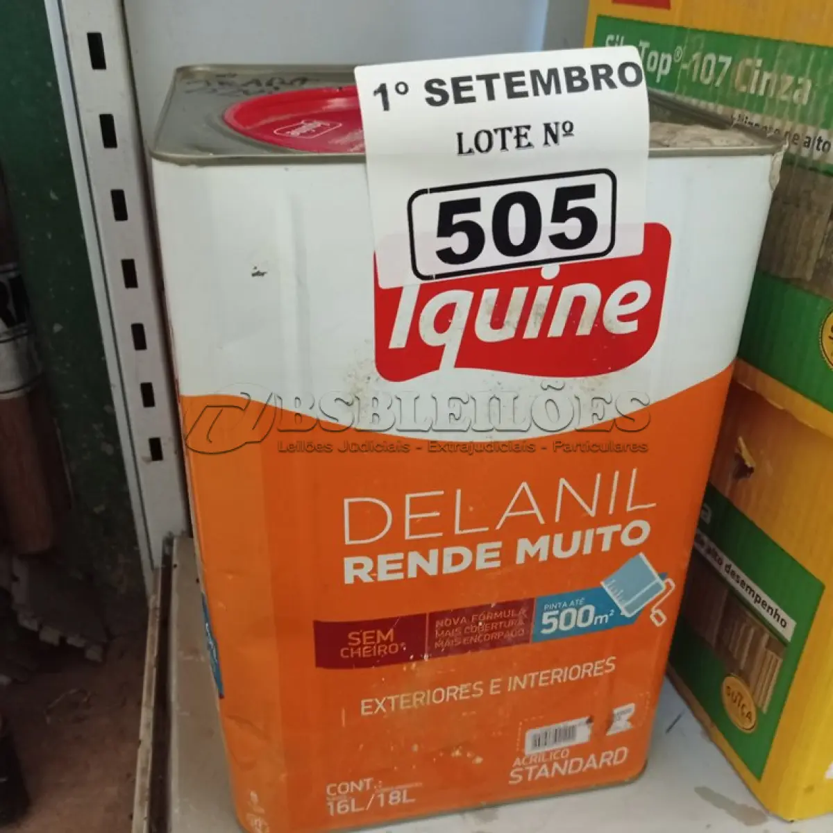 LOTE 505 - 01 LATA DE TINTA IQUINE DELANIL RENDE MUITO EXTERIORES/ INTERIORES ACRÍLICO STANDARD 18L NA COR ARARA AZUL. (NO ESTADO) ATENÇÃO! FAZER A VISITAÇÃO ANTES DE ARREMATAR, NÃO SABEMOS SE FUNCIONA. LEILÃO NÃO TEM GARANTIA E NEM DEVOLUÇÃO, SUJEITO A POSSÍVEIS AVARIAS VISÍVEIS/OCULTAS E/OU AUSÊNCIA DE COMPONENTES.