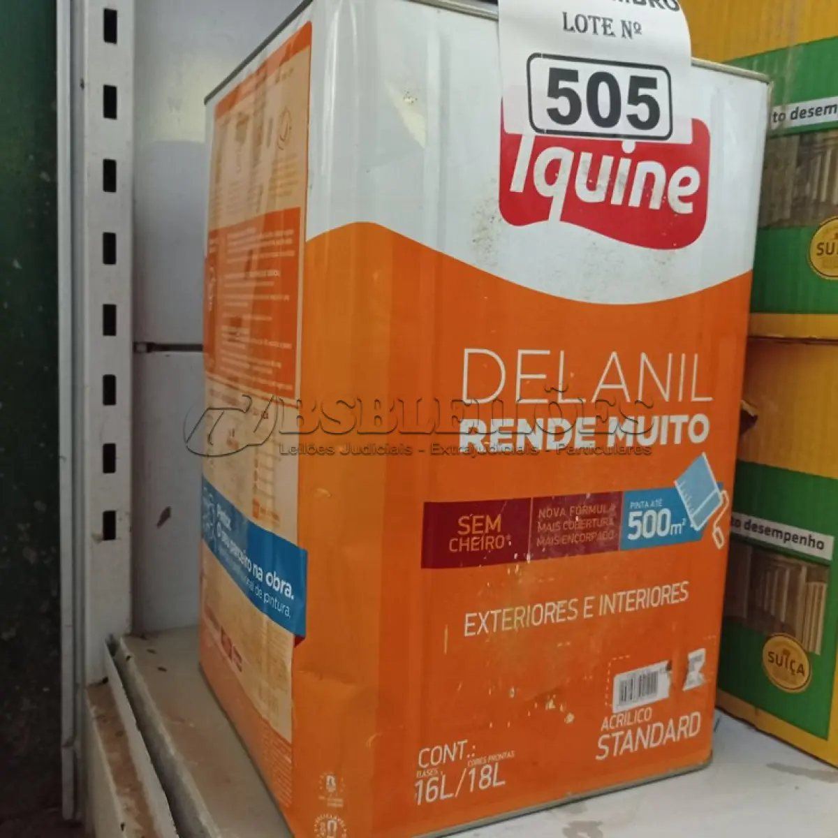 LOTE 505 - 01 LATA DE TINTA IQUINE DELANIL RENDE MUITO EXTERIORES/ INTERIORES ACRÍLICO STANDARD 18L NA COR ARARA AZUL. (NO ESTADO) ATENÇÃO! FAZER A VISITAÇÃO ANTES DE ARREMATAR, NÃO SABEMOS SE FUNCIONA. LEILÃO NÃO TEM GARANTIA E NEM DEVOLUÇÃO, SUJEITO A POSSÍVEIS AVARIAS VISÍVEIS/OCULTAS E/OU AUSÊNCIA DE COMPONENTES.