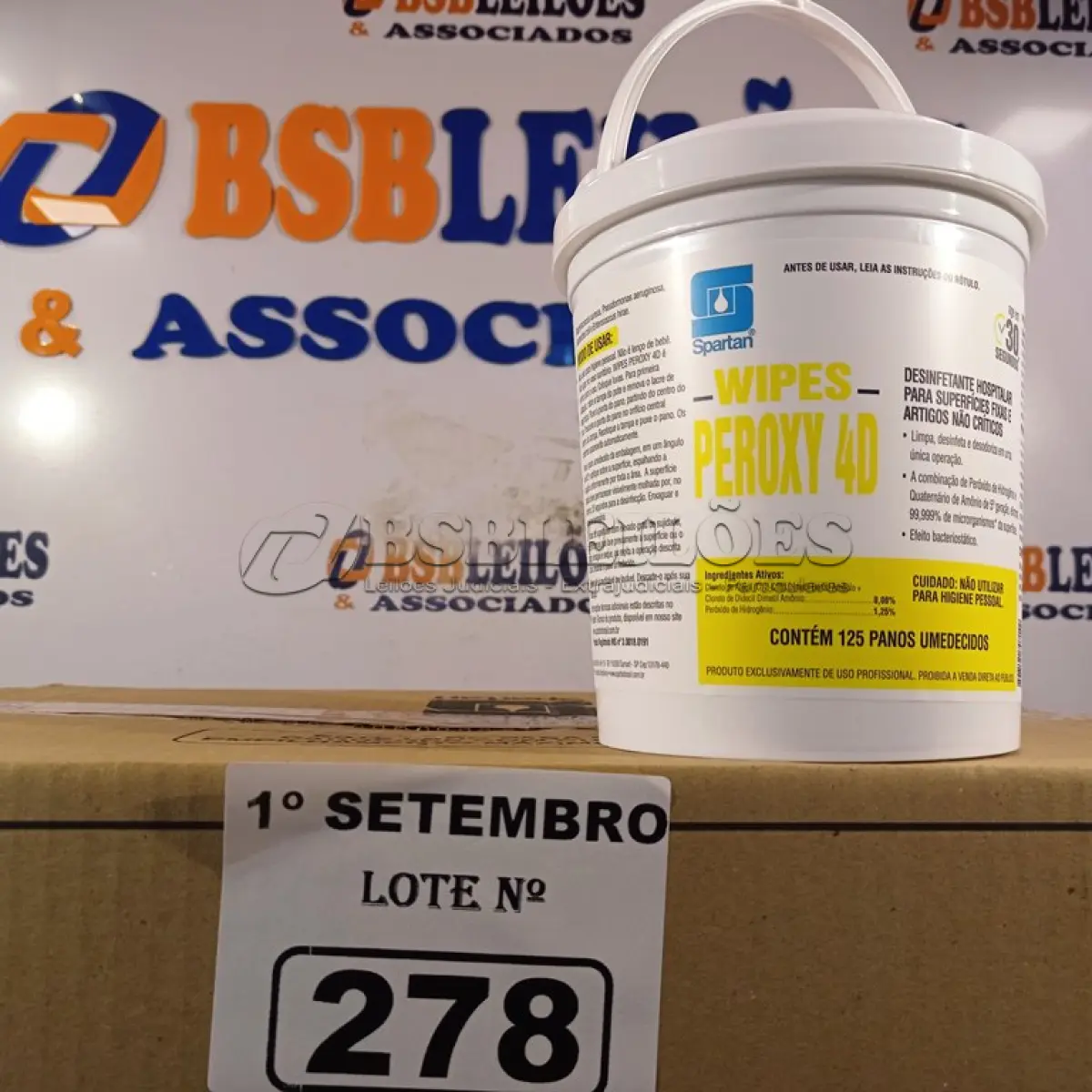 LOTE 278 - 01 CAIXA DE PEROXY 4D, DESINFETANTE HOSPITALAR PARA SUPERFÍCIES FIXAS E ARTIGOS NÃO CRÍTICOS COM 06 POTES CADA. (NO ESTADO) ATENÇÃO! FAZER A VISITAÇÃO ANTES DE ARREMATAR, NÃO SABEMOS SE FUNCIONA. LEILÃO NÃO TEM GARANTIA E NEM DEVOLUÇÃO, SUJEITO A POSSÍVEIS AVARIAS VISÍVEIS/OCULTAS E/OU AUSÊNCIA DE COMPONENTES.