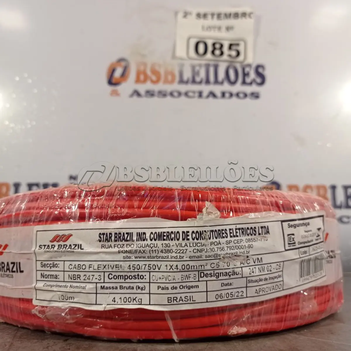 LOTE 085 - 01 ROLO DE CABO FLEXÍVEL 100M 1X4MM NA COR VERMELHA(NOVO). (NO ESTADO) ATENÇÃO! FAZER A VISITAÇÃO ANTES DE ARREMATAR, NÃO SABEMOS SE FUNCIONA. LEILÃO NÃO TEM GARANTIA E NEM DEVOLUÇÃO, SUJEITO A POSSÍVEIS AVARIAS VISÍVEIS/OCULTAS E/OU AUSÊNCIA DE COMPONENTES.