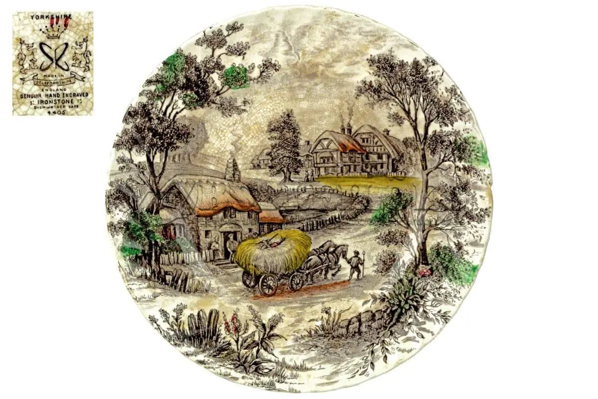 LOTE 096 - BELÍSSIMO E RARO PRATO DECORATIVO IMPORTADO DE MÓVEL OU PAREDE, EXECUTADO EM PORCELANA INGLESA, YORKSHIRE - SR STAFFORD SHIRE - ENGLAND (NO ESTADO)