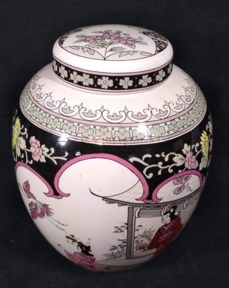 LOTE 116 - ANTIGO POTICHE DE COLEÇÃO NO ESTILO CHINES,  EM PORCELANA MED 26X20 CM.(NO ESTADO)