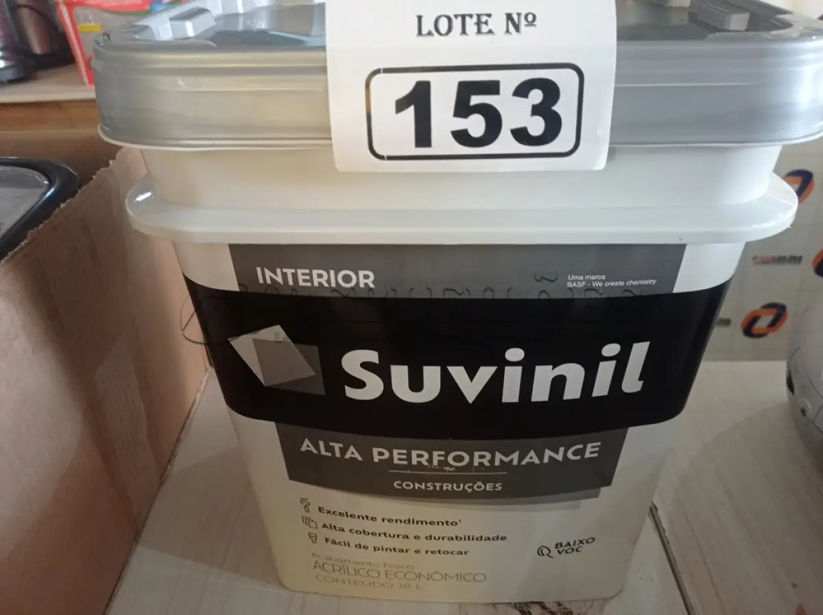 LOTE 153 - 01 BALDE DE TINTA SUVINIL INTERIORES ACRÍLICO FOSCO 18L NA COR FOSCO BRANCO. (NO ESTADO) ATENÇÃO! FAZER A VISITAÇÃO ANTES DE ARREMATAR, NÃO SABEMOS SE FUNCIONA. LEILÃO NÃO TEM GARANTIA E NEM DEVOLUÇÃO, SUJEITO A POSSÍVEIS AVARIAS VISÍVEIS/OCULTAS E/OU AUSÊNCIA DE COMPONENTES.