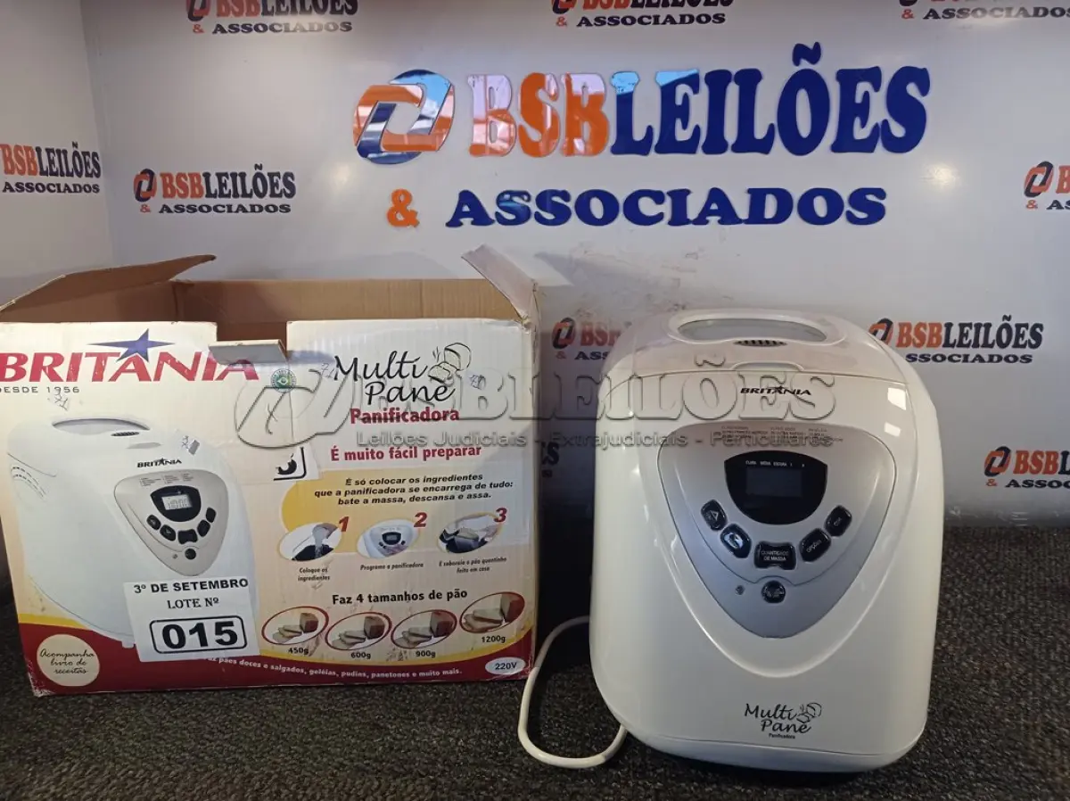 LOTE 015 - 01 PANIFICADORA MULTI PANE BRITÂNIA. (NO ESTADO) ATENÇÃO! FAZER A VISITAÇÃO ANTES DE ARREMATAR, NÃO SABEMOS SE FUNCIONA. LEILÃO NÃO TEM GARANTIA E NEM DEVOLUÇÃO, SUJEITO A POSSÍVEIS AVARIAS VISÍVEIS/OCULTAS E/OU AUSÊNCIA DE COMPONENTES.