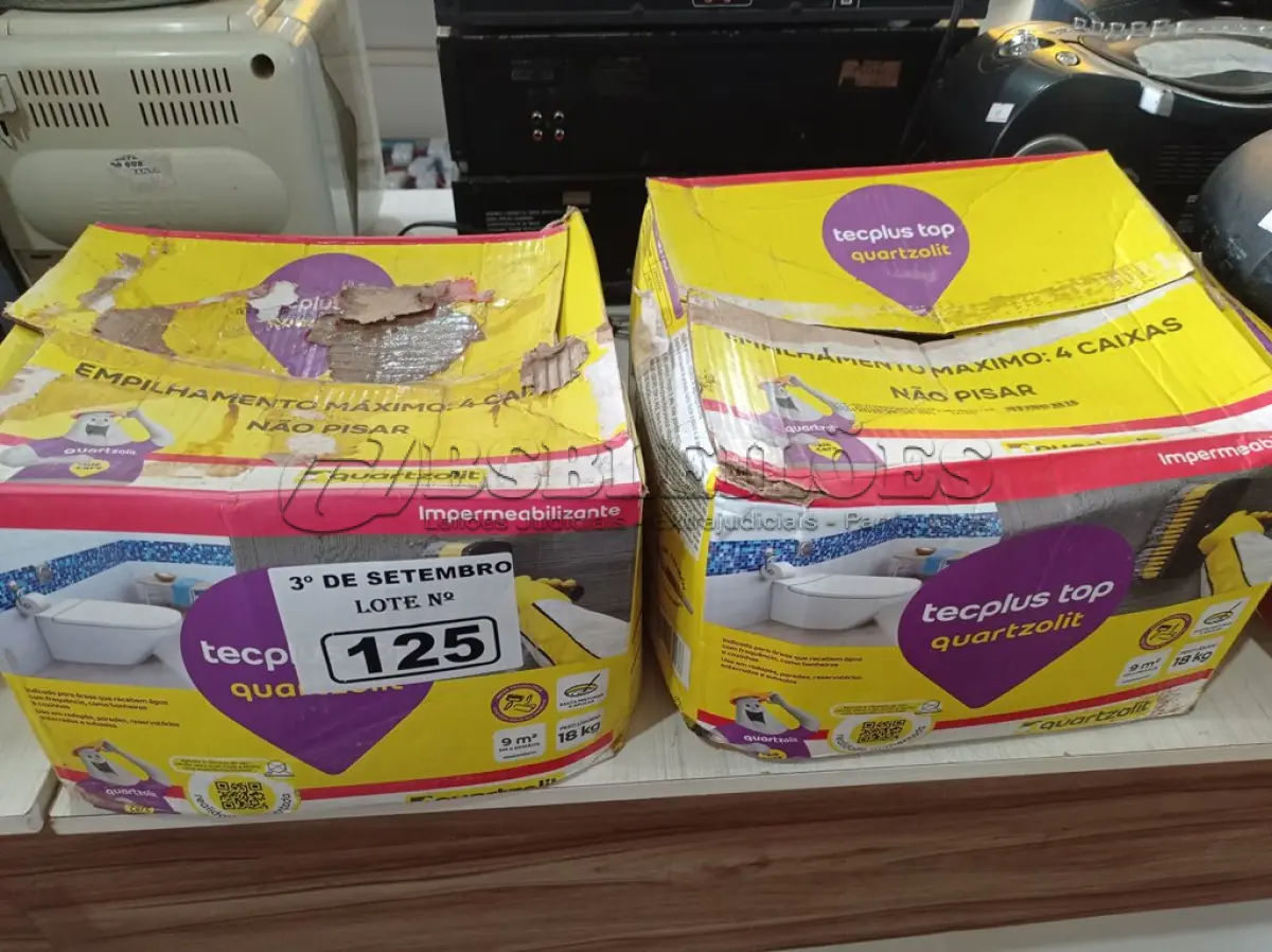 LOTE 125 - 02 CAIXAS DE ARGAMASSA POLIMÉRICA TECPLUS TOP QUARTZOLIT 18KG. (NO ESTADO) ATENÇÃO! FAZER A VISITAÇÃO ANTES DE ARREMATAR, NÃO SABEMOS SE FUNCIONA. LEILÃO NÃO TEM GARANTIA E NEM DEVOLUÇÃO, SUJEITO A POSSÍVEIS AVARIAS VISÍVEIS/OCULTAS E/OU AUSÊNCIA DE COMPONENTES.