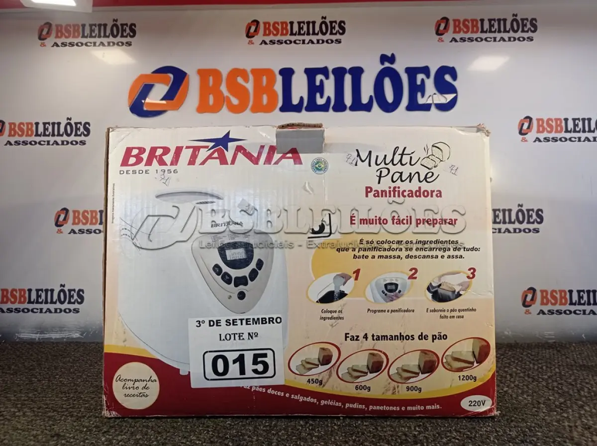 LOTE 015 - 01 PANIFICADORA MULTI PANE BRITÂNIA. (NO ESTADO) ATENÇÃO! FAZER A VISITAÇÃO ANTES DE ARREMATAR, NÃO SABEMOS SE FUNCIONA. LEILÃO NÃO TEM GARANTIA E NEM DEVOLUÇÃO, SUJEITO A POSSÍVEIS AVARIAS VISÍVEIS/OCULTAS E/OU AUSÊNCIA DE COMPONENTES.