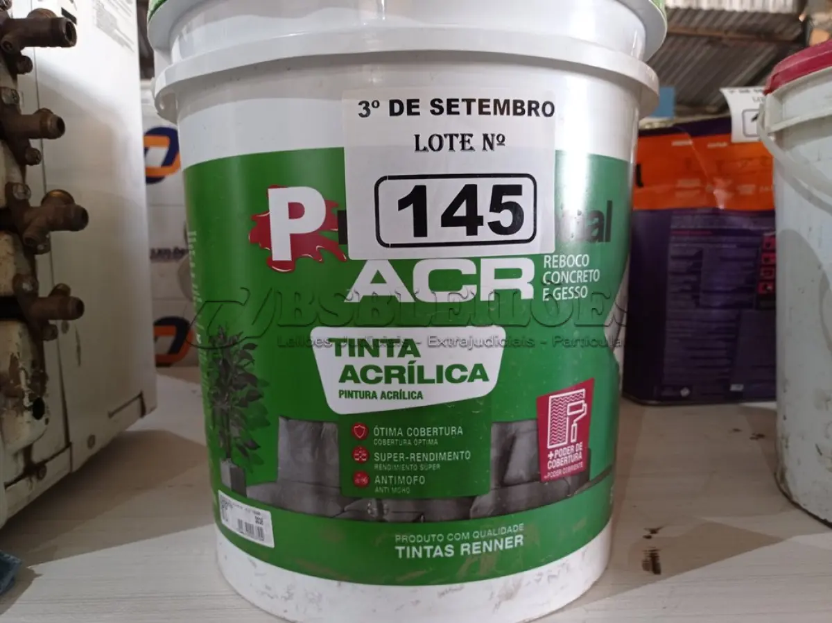 LOTE 145 - 01 BALDE DE TINTA ACRÍLICA 18L NA COR CONCRETO FOSCO. (NO ESTADO) ATENÇÃO! FAZER A VISITAÇÃO ANTES DE ARREMATAR, NÃO SABEMOS SE FUNCIONA. LEILÃO NÃO TEM GARANTIA E NEM DEVOLUÇÃO, SUJEITO A POSSÍVEIS AVARIAS VISÍVEIS/OCULTAS E/OU AUSÊNCIA DE COMPONENTES.