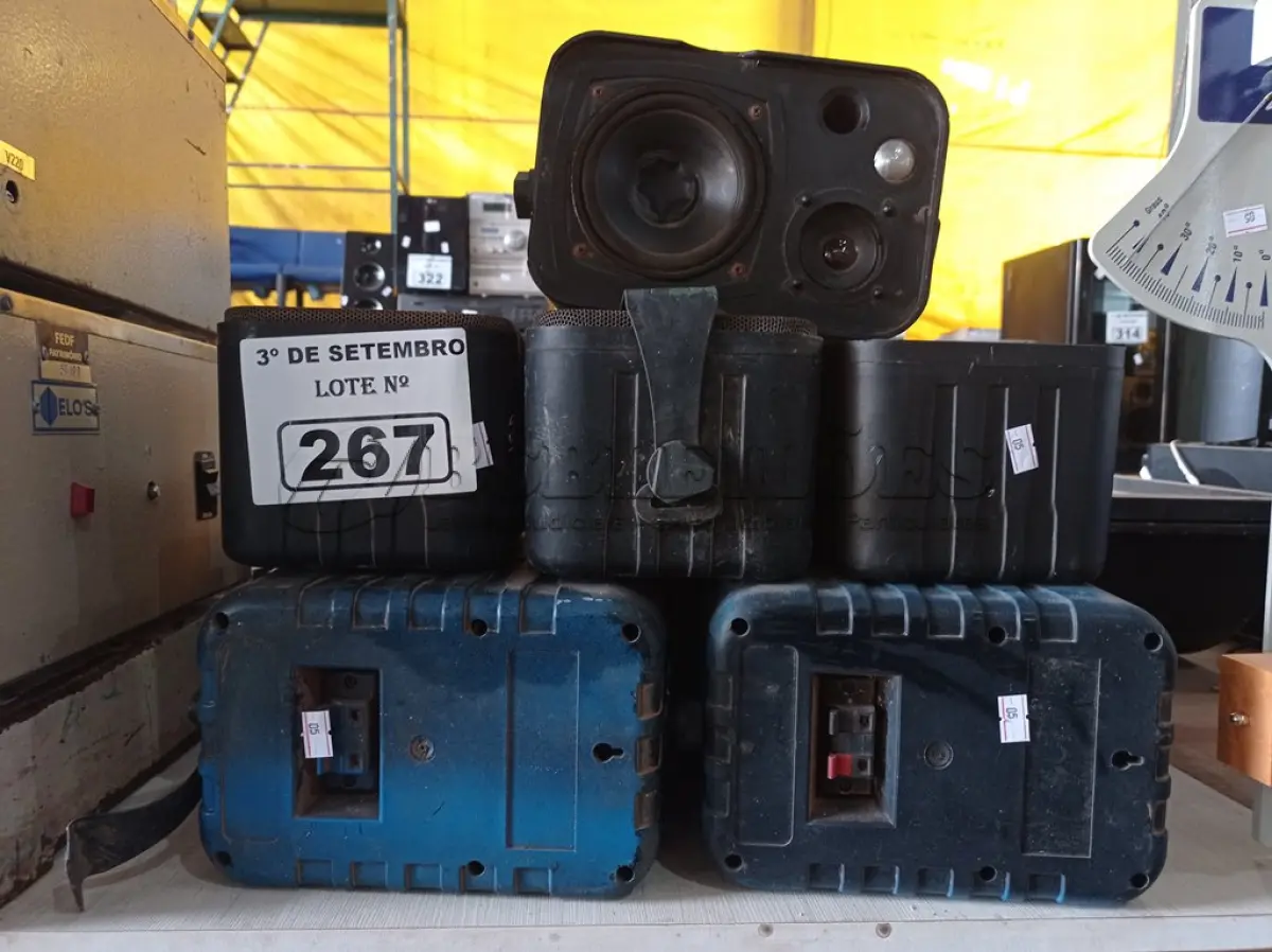 LOTE 267 - 08 CAIXAS DE SOM AMBIENTE. (NO ESTADO) ATENÇÃO! FAZER A VISITAÇÃO ANTES DE ARREMATAR, NÃO SABEMOS SE FUNCIONA. LEILÃO NÃO TEM GARANTIA E NEM DEVOLUÇÃO, SUJEITO A POSSÍVEIS AVARIAS VISÍVEIS/OCULTAS E/OU AUSÊNCIA DE COMPONENTES.