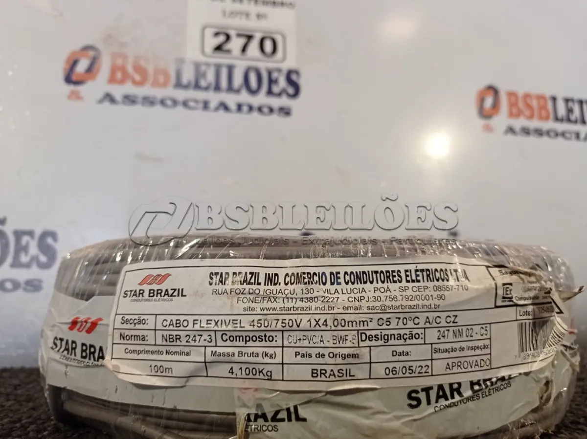 LOTE 270 - 01 ROLO DE CABO FLEXÍVEL 100M, 4MM NA COR CINZA. (NO ESTADO) ATENÇÃO! FAZER A VISITAÇÃO ANTES DE ARREMATAR, NÃO SABEMOS SE FUNCIONA. LEILÃO NÃO TEM GARANTIA E NEM DEVOLUÇÃO, SUJEITO A POSSÍVEIS AVARIAS VISÍVEIS/OCULTAS E/OU AUSÊNCIA DE COMPONENTES.