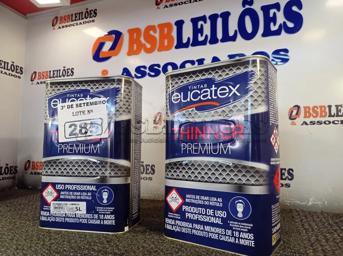 LOTE 285 - 02 GALÕES DE TINNER EUCATEX 5LITROS. (NO ESTADO) ATENÇÃO! FAZER A VISITAÇÃO ANTES DE ARREMATAR, NÃO SABEMOS SE FUNCIONA. LEILÃO NÃO TEM GARANTIA E NEM DEVOLUÇÃO, SUJEITO A POSSÍVEIS AVARIAS VISÍVEIS/OCULTAS E/OU AUSÊNCIA DE COMPONENTES.
