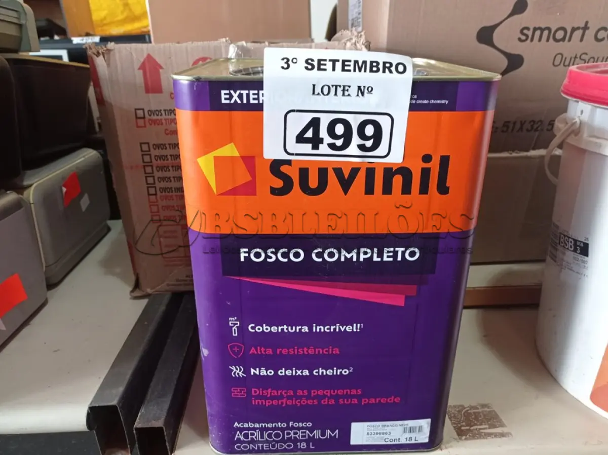 LOTE 499 - 01 LATA DE TINTA SUVINIL INTERIORES /EXTERIORES SEM CHEIRO 18L NA COR FOSCO BRANCO NEVE. (NO ESTADO) ATENÇÃO! FAZER A VISITAÇÃO ANTES DE ARREMATAR, NÃO SABEMOS SE FUNCIONA. LEILÃO NÃO TEM GARANTIA E NEM DEVOLUÇÃO, SUJEITO A POSSÍVEIS AVARIAS VISÍVEIS/OCULTAS E/OU AUSÊNCIA DE COMPONENTES.