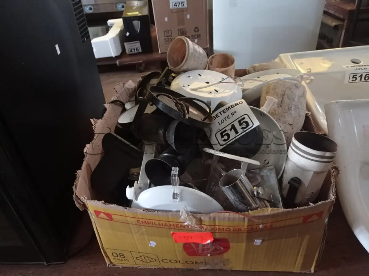 LOTE 515 - 01 LOTE COM VÁRIAS SUCATAS DE LUMINÁRIAS. (NO ESTADO) ATENÇÃO! FAZER A VISITAÇÃO ANTES DE ARREMATAR, NÃO SABEMOS SE FUNCIONA. LEILÃO NÃO TEM GARANTIA E NEM DEVOLUÇÃO, SUJEITO A POSSÍVEIS AVARIAS VISÍVEIS/OCULTAS E/OU AUSÊNCIA DE COMPONENTES.