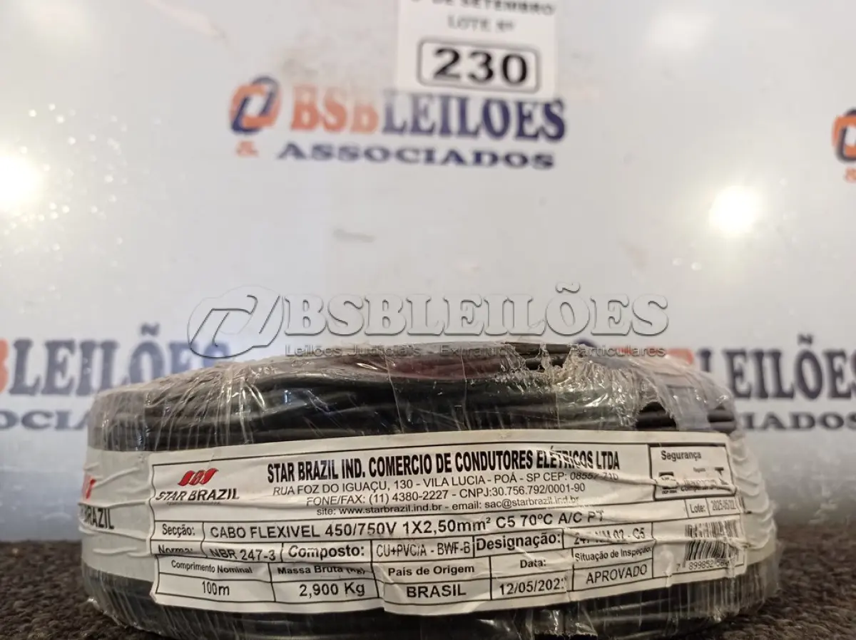 LOTE 230 - 01 ROLO DE CABO FLEXÍVEL 100M, 2,5MM NA COR PRETA. (NO ESTADO) ATENÇÃO! FAZER A VISITAÇÃO ANTES DE ARREMATAR, NÃO SABEMOS SE FUNCIONA. LEILÃO NÃO TEM GARANTIA E NEM DEVOLUÇÃO, SUJEITO A POSSÍVEIS AVARIAS VISÍVEIS/OCULTAS E/OU AUSÊNCIA DE COMPONENTES.
