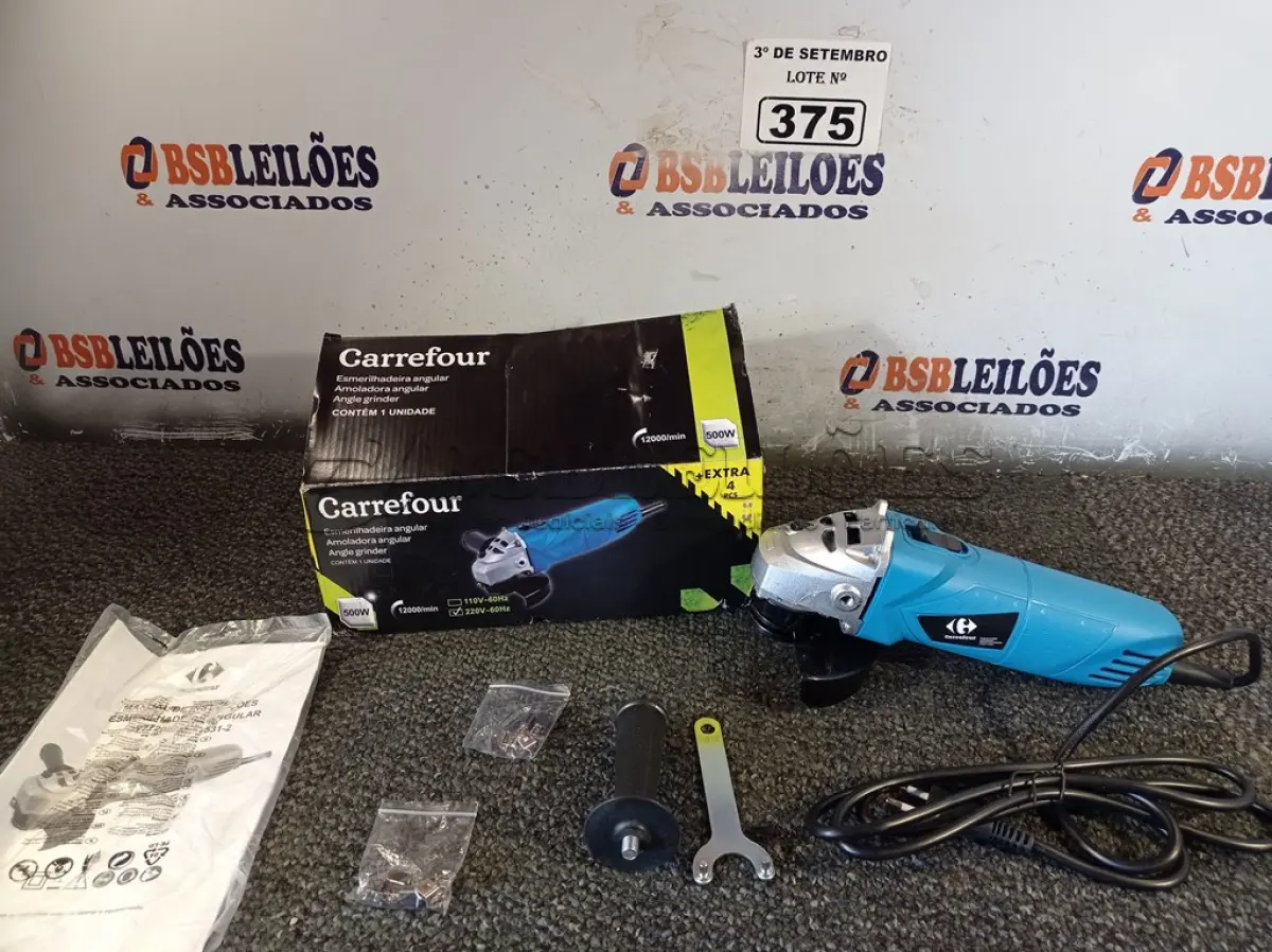 LOTE 375 - 01 ESMERILHADEIRA ANGULAR 500W 220V. (NO ESTADO) ATENÇÃO! FAZER A VISITAÇÃO ANTES DE ARREMATAR, NÃO SABEMOS SE FUNCIONA. LEILÃO NÃO TEM GARANTIA E NEM DEVOLUÇÃO, SUJEITO A POSSÍVEIS AVARIAS VISÍVEIS/OCULTAS E/OU AUSÊNCIA DE COMPONENTES.