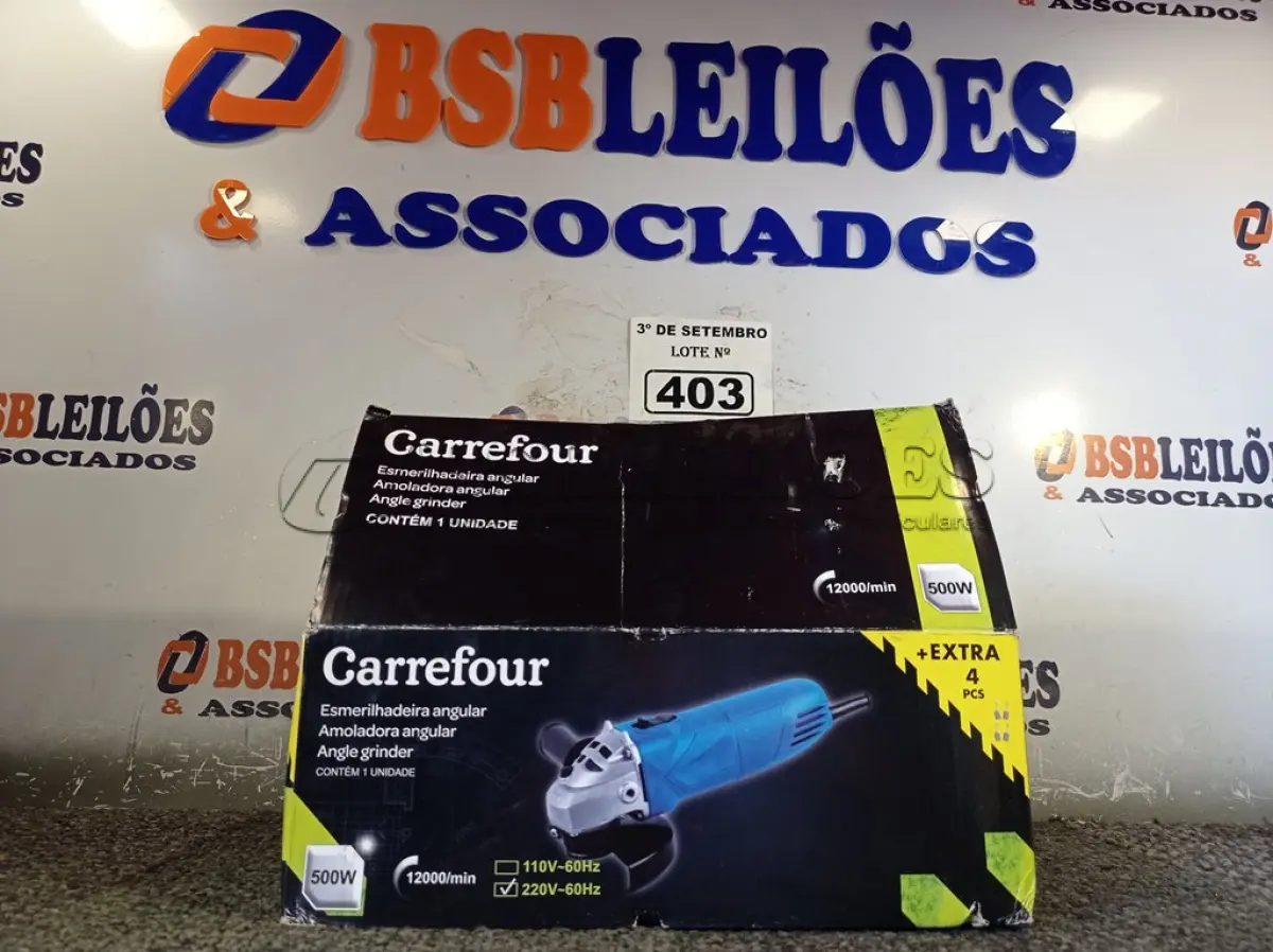 LOTE 403 - 01 ESMERILHADEIRA ANGULAR 500W 220V. (NO ESTADO) ATENÇÃO! FAZER A VISITAÇÃO ANTES DE ARREMATAR, NÃO SABEMOS SE FUNCIONA. LEILÃO NÃO TEM GARANTIA E NEM DEVOLUÇÃO, SUJEITO A POSSÍVEIS AVARIAS VISÍVEIS/OCULTAS E/OU AUSÊNCIA DE COMPONENTES.