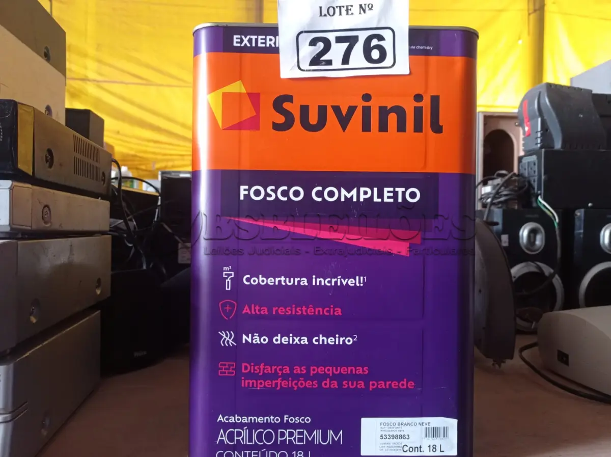 LOTE 276 - 01 LATA DE TINTA SUVINIL INTERIORES /EXTERIORES SEM CHEIRO 18L NA COR FOSCO BRANCO NEVE. (NO ESTADO) ATENÇÃO! FAZER A VISITAÇÃO ANTES DE ARREMATAR, NÃO SABEMOS SE FUNCIONA. LEILÃO NÃO TEM GARANTIA E NEM DEVOLUÇÃO, SUJEITO A POSSÍVEIS AVARIAS VISÍVEIS/OCULTAS E/OU AUSÊNCIA DE COMPONENTES.