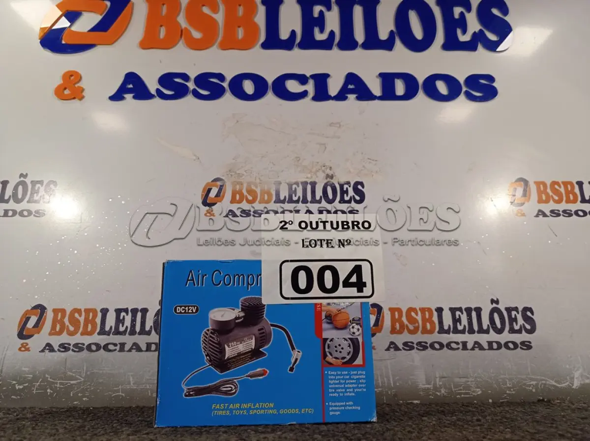 LOTE 004 - 01 MINI COMPRESSOR DE AR 12V. (NO ESTADO) ATENÇÃO! FAZER A VISITAÇÃO ANTES DE ARREMATAR, NÃO SABEMOS SE FUNCIONA. LEILÃO NÃO TEM GARANTIA E NEM DEVOLUÇÃO, SUJEITO A POSSÍVEIS AVARIAS VISÍVEIS/OCULTAS E/OU AUSÊNCIA DE COMPONENTES.