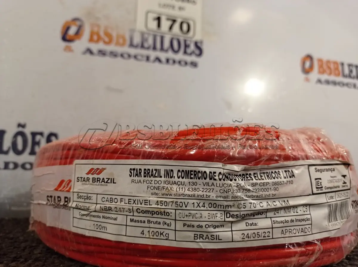 LOTE 170 - 01 ROLO DE CABO FLEXÍVEL 100M 4MM NA COR VERMELHA. (NO ESTADO) ATENÇÃO! FAZER A VISITAÇÃO ANTES DE ARREMATAR, NÃO SABEMOS SE FUNCIONA. LEILÃO NÃO TEM GARANTIA E NEM DEVOLUÇÃO, SUJEITO A POSSÍVEIS AVARIAS VISÍVEIS/OCULTAS E/OU AUSÊNCIA DE COMPONENTES.