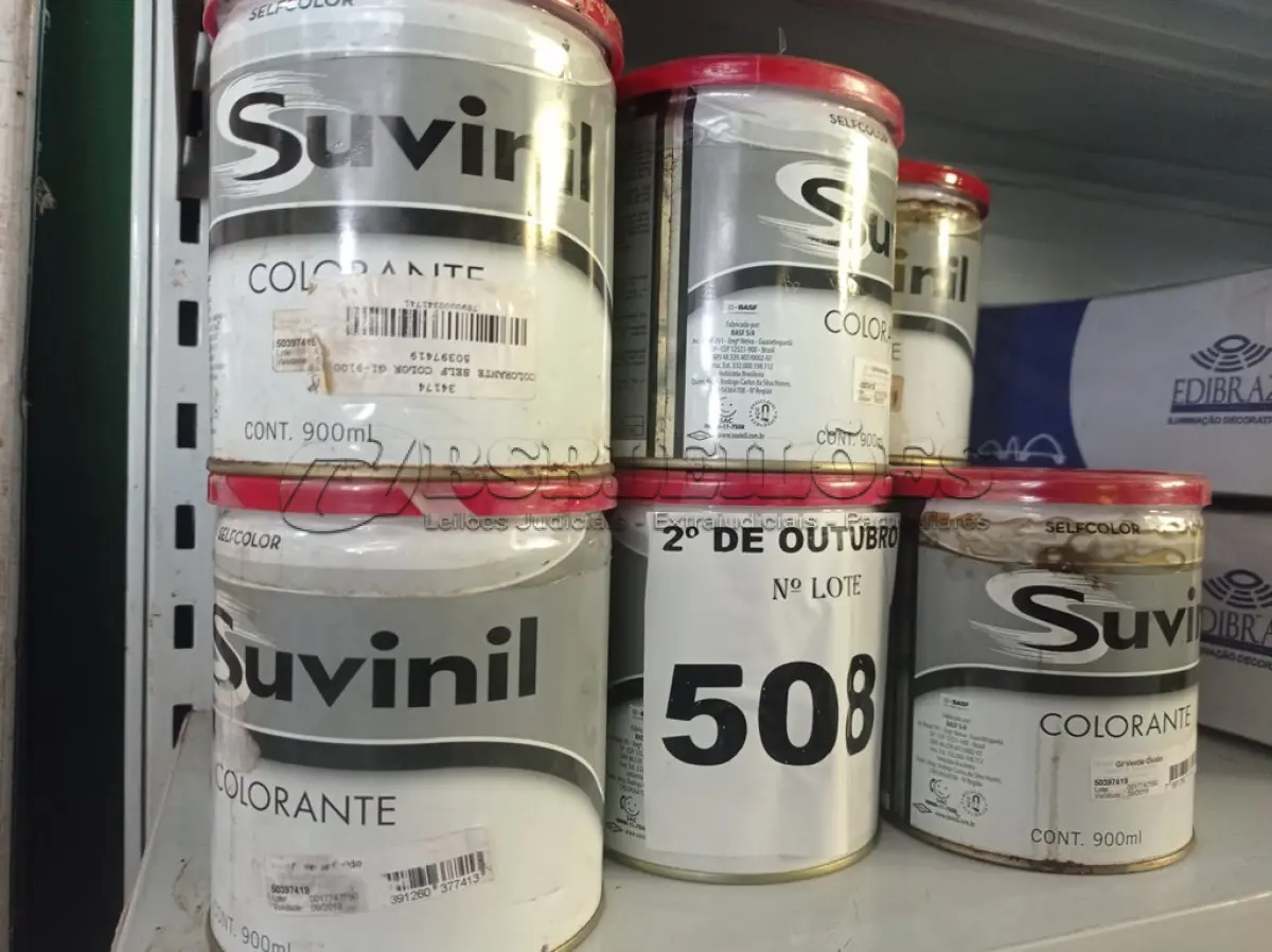 LOTE 508 - 10 LATAS DE COLORANTE SUVINIL. (NO ESTADO) ATENÇÃO! FAZER A VISITAÇÃO ANTES DE ARREMATAR, NÃO SABEMOS SE FUNCIONA. LEILÃO NÃO TEM GARANTIA E NEM DEVOLUÇÃO, SUJEITO A POSSÍVEIS AVARIAS VISÍVEIS/OCULTAS E/OU AUSÊNCIA DE COMPONENTES.