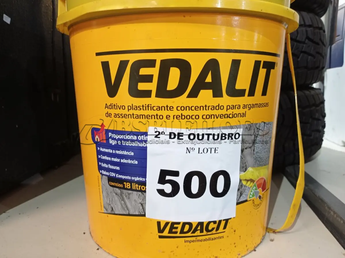 LOTE 500 - 01 BALDE DE VEDALIT, ADITIVO PLASTIFICANTE CONCENTRADO PARA ARGAMASSA DE ASSENTAMENTO E REBOCO CONVENCIONAL 18L. (NO ESTADO) ATENÇÃO! FAZER A VISITAÇÃO ANTES DE ARREMATAR, NÃO SABEMOS SE FUNCIONA. LEILÃO NÃO TEM GARANTIA E NEM DEVOLUÇÃO, SUJEITO A POSSÍVEIS AVARIAS VISÍVEIS/OCULTAS E/OU AUSÊNCIA DE COMPONENTES.