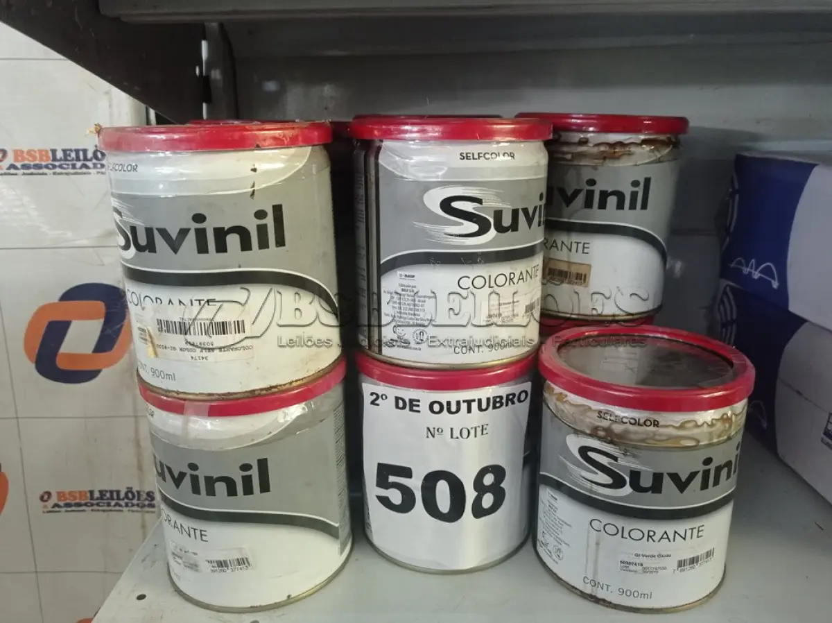 LOTE 508 - 10 LATAS DE COLORANTE SUVINIL. (NO ESTADO) ATENÇÃO! FAZER A VISITAÇÃO ANTES DE ARREMATAR, NÃO SABEMOS SE FUNCIONA. LEILÃO NÃO TEM GARANTIA E NEM DEVOLUÇÃO, SUJEITO A POSSÍVEIS AVARIAS VISÍVEIS/OCULTAS E/OU AUSÊNCIA DE COMPONENTES.