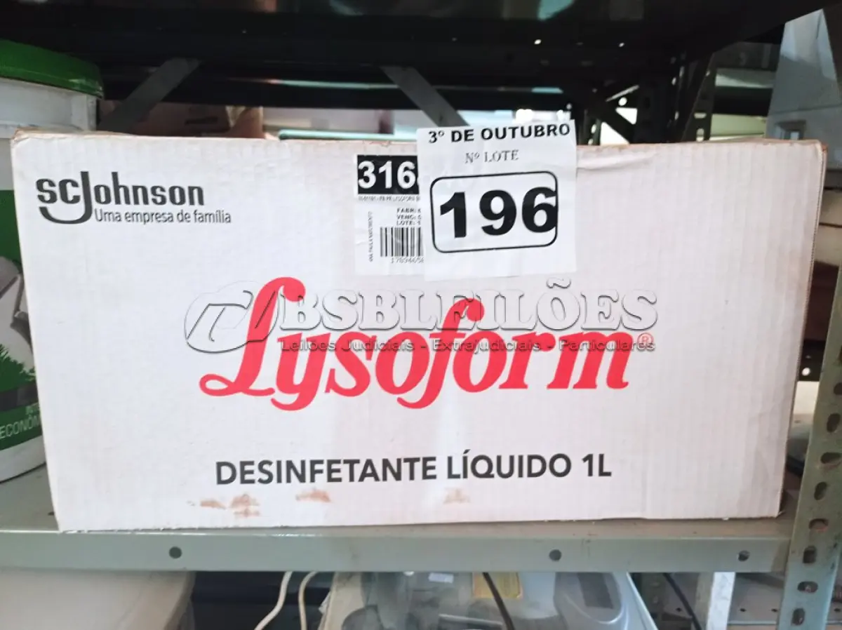 LOTE 196 - 12 LITROS DE LYSOFORM. (NO ESTADO) ATENÇÃO! FAZER A VISITAÇÃO ANTES DE ARREMATAR, NÃO SABEMOS SE FUNCIONA. LEILÃO NÃO TEM GARANTIA E NEM DEVOLUÇÃO, SUJEITO A POSSÍVEIS AVARIAS VISÍVEIS/OCULTAS E/OU AUSÊNCIA DE COMPONENTES.