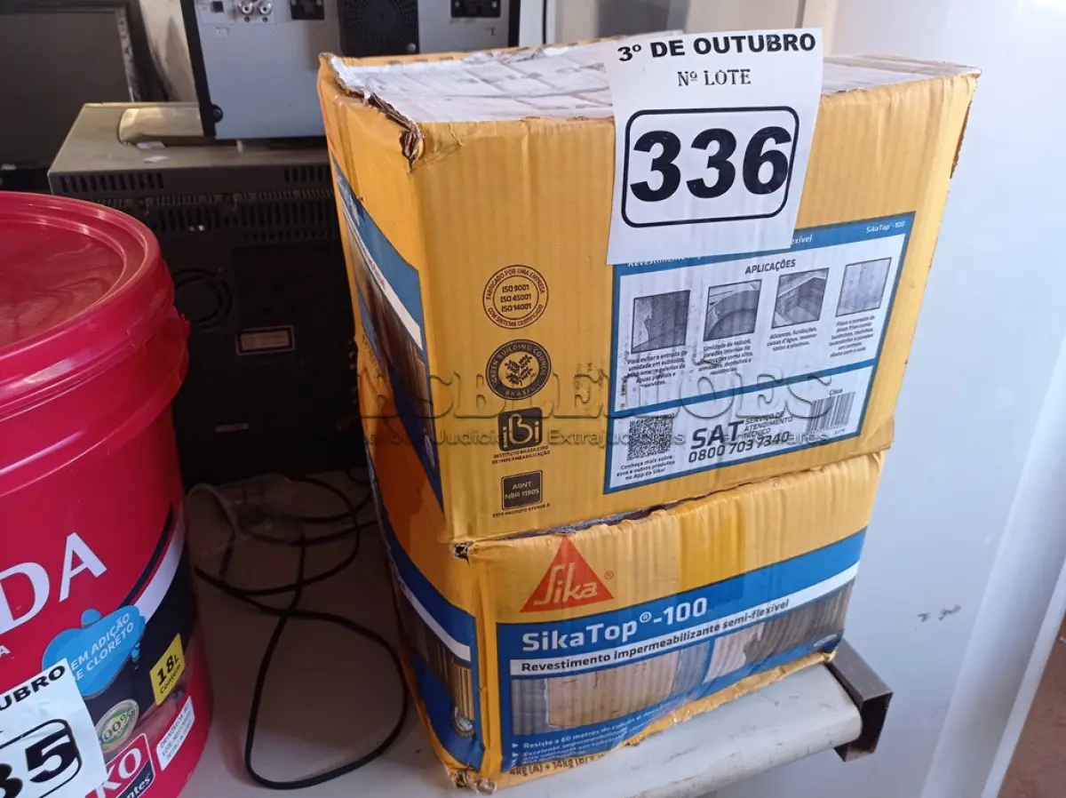 LOTE 336 - 02 CAIXAS DE SIKA TOP-100, REVESTIMENTO IMPERMEABILIZANTE SEMI-FLEXIVEL 18KG. (NO ESTADO) ATENÇÃO! FAZER A VISITAÇÃO ANTES DE ARREMATAR, NÃO SABEMOS SE FUNCIONA. LEILÃO NÃO TEM GARANTIA E NEM DEVOLUÇÃO, SUJEITO A POSSÍVEIS AVARIAS VISÍVEIS/OCULTAS E/OU AUSÊNCIA DE COMPONENTES.