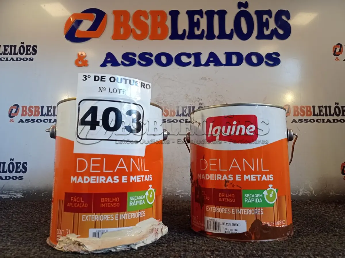 LOTE 403 - 02 GALÕES DE ESMALTE IQUINE MADEIRA E METAIS 3,6L SENDO 01 NA COR MARROM TABACO. (NO ESTADO) ATENÇÃO! FAZER A VISITAÇÃO ANTES DE ARREMATAR, NÃO SABEMOS SE FUNCIONA. LEILÃO NÃO TEM GARANTIA E NEM DEVOLUÇÃO, SUJEITO A POSSÍVEIS AVARIAS VISÍVEIS/OCULTAS E/OU AUSÊNCIA DE COMPONENTES.