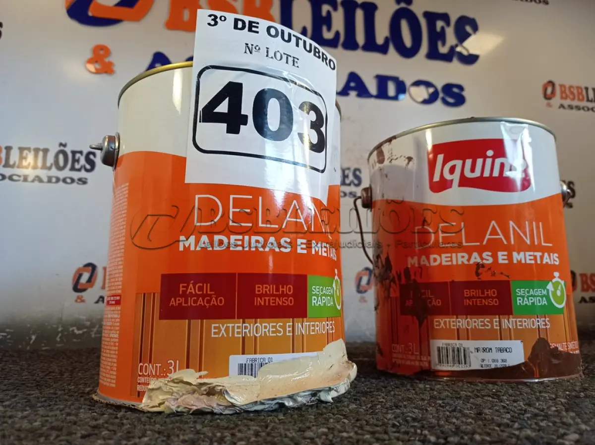 LOTE 403 - 02 GALÕES DE ESMALTE IQUINE MADEIRA E METAIS 3,6L SENDO 01 NA COR MARROM TABACO. (NO ESTADO) ATENÇÃO! FAZER A VISITAÇÃO ANTES DE ARREMATAR, NÃO SABEMOS SE FUNCIONA. LEILÃO NÃO TEM GARANTIA E NEM DEVOLUÇÃO, SUJEITO A POSSÍVEIS AVARIAS VISÍVEIS/OCULTAS E/OU AUSÊNCIA DE COMPONENTES.
