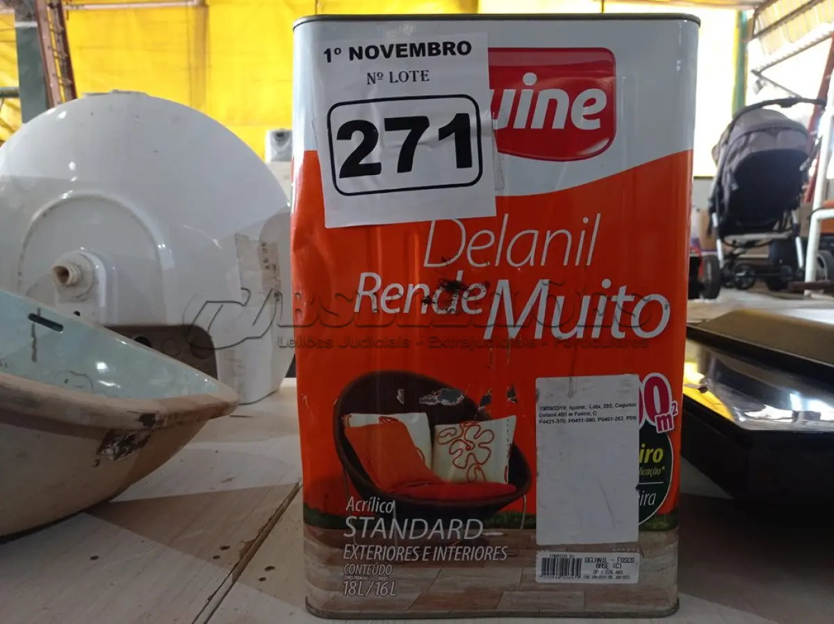 LOTE 271 - 01 LATA DE TINTA IQUINE INTERIORES/EXTERIORES DELANIL RENDE MUITO FOSCO BASE “M”. (NO ESTADO) ATENÇÃO! FAZER A VISITAÇÃO ANTES DE ARREMATAR, NÃO SABEMOS SE FUNCIONA. LEILÃO NÃO TEM GARANTIA E NEM DEVOLUÇÃO, SUJEITO A POSSÍVEIS AVARIAS VISÍVEIS/OCULTAS E/OU AUSÊNCIA DE COMPONENTES.