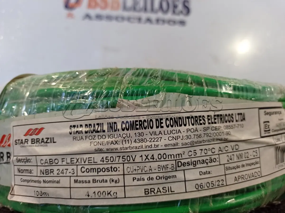 LOTE 200 - 01 ROLO DE CABO FLEXÍVEL 100M 1X4MM NA COR VERDE(NOVO). (NO ESTADO) ATENÇÃO! FAZER A VISITAÇÃO ANTES DE ARREMATAR, NÃO SABEMOS SE FUNCIONA. LEILÃO NÃO TEM GARANTIA E NEM DEVOLUÇÃO, SUJEITO A POSSÍVEIS AVARIAS VISÍVEIS/OCULTAS E/OU AUSÊNCIA DE COMPONENTES.