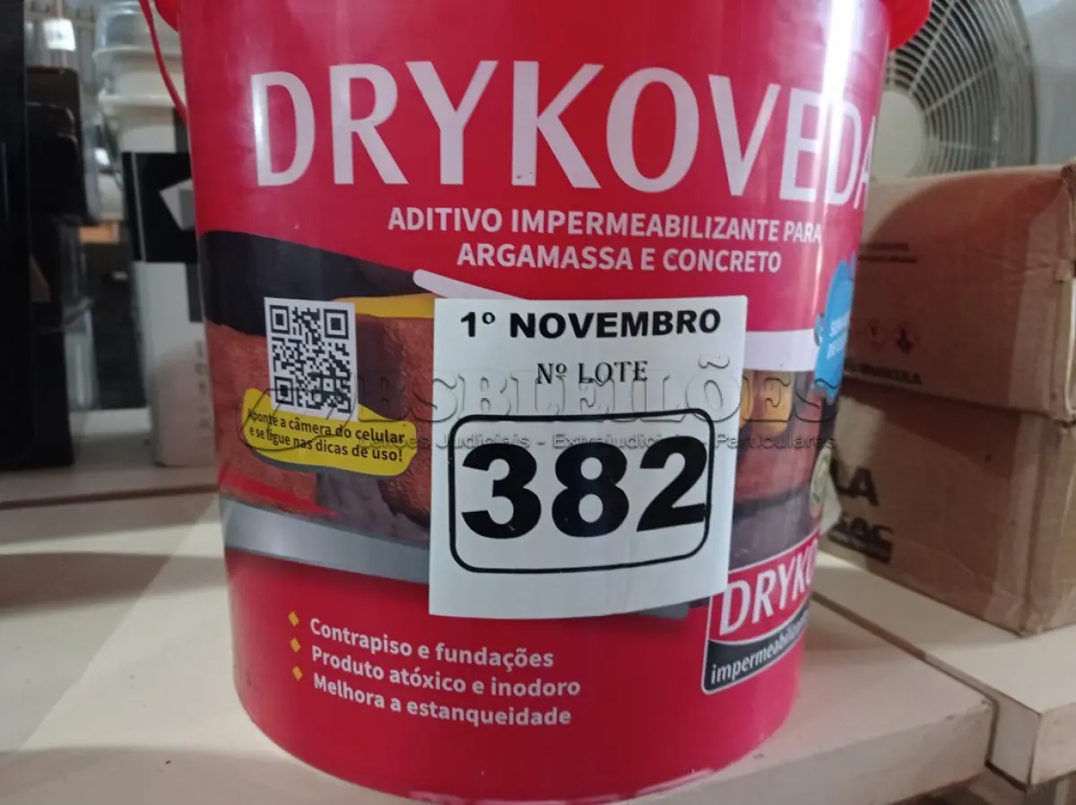 LOTE 382 - 01 BALDE DE DRYKOVEDA, ADITIVO IMPERMEABILIZANTE PARA ARGAMASSA E CONCRETO 18L. (NO ESTADO) ATENÇÃO! FAZER A VISITAÇÃO ANTES DE ARREMATAR, NÃO SABEMOS SE FUNCIONA. LEILÃO NÃO TEM GARANTIA E NEM DEVOLUÇÃO, SUJEITO A POSSÍVEIS AVARIAS VISÍVEIS/OCULTAS E/OU AUSÊNCIA DE COMPONENTES.