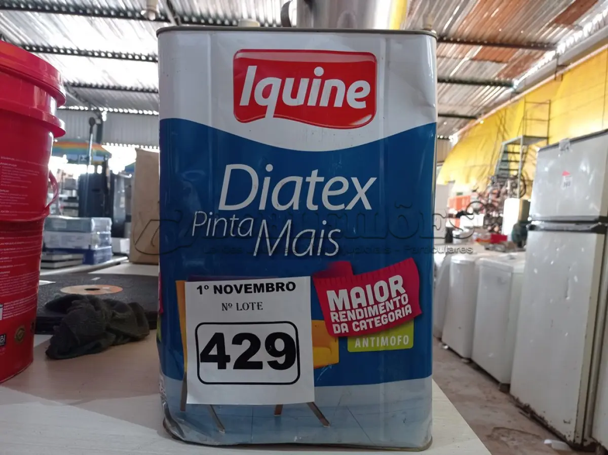 LOTE 429 - 01 LATA DE TINTA IQUINE DIATEX PINTA MAIS 18L FOSCO BASE “P”. (NO ESTADO) ATENÇÃO! FAZER A VISITAÇÃO ANTES DE ARREMATAR, NÃO SABEMOS SE FUNCIONA. LEILÃO NÃO TEM GARANTIA E NEM DEVOLUÇÃO, SUJEITO A POSSÍVEIS AVARIAS VISÍVEIS/OCULTAS E/OU AUSÊNCIA DE COMPONENTES.