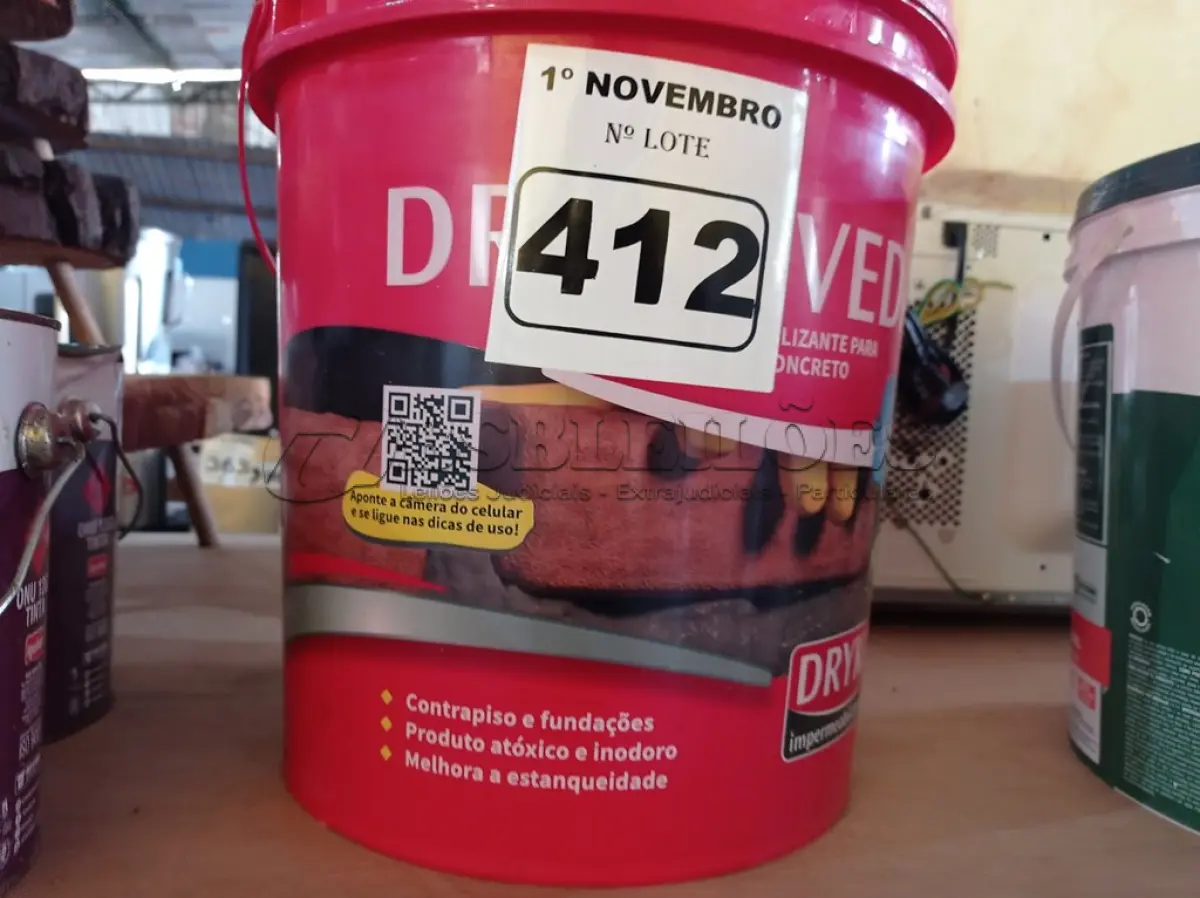 LOTE 412 - 01 BALDE DE DRYKOVEDA, ADITIVO IMPERMEABILIZANTE PARA ARGAMASSA E CONCRETO 18L. (NO ESTADO) ATENÇÃO! FAZER A VISITAÇÃO ANTES DE ARREMATAR, NÃO SABEMOS SE FUNCIONA. LEILÃO NÃO TEM GARANTIA E NEM DEVOLUÇÃO, SUJEITO A POSSÍVEIS AVARIAS VISÍVEIS/OCULTAS E/OU AUSÊNCIA DE COMPONENTES.