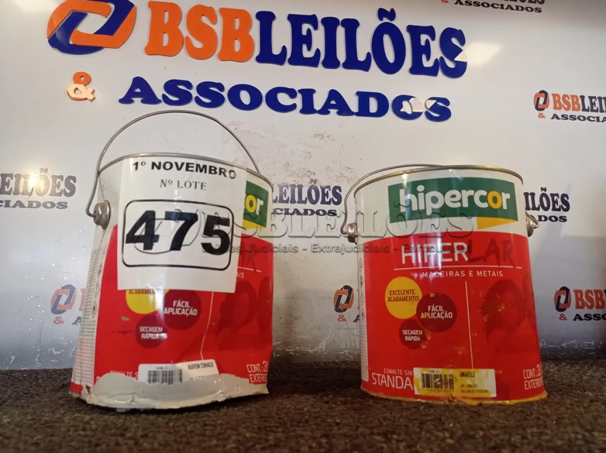 LOTE 475 - 02 GALÕES DE ESMALTE SINTÉTICO HIPERCOR 3L NAS CORES MARROM CONHAQUE/AMARELO. (NO ESTADO) ATENÇÃO! FAZER A VISITAÇÃO ANTES DE ARREMATAR, NÃO SABEMOS SE FUNCIONA. LEILÃO NÃO TEM GARANTIA E NEM DEVOLUÇÃO, SUJEITO A POSSÍVEIS AVARIAS VISÍVEIS/OCULTAS E/OU AUSÊNCIA DE COMPONENTES.