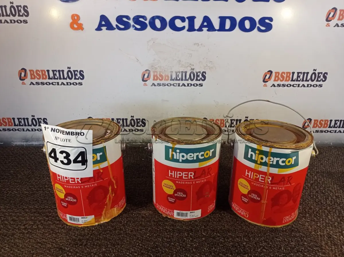LOTE 434 - 03 GALÕES DE ESMALTE SINTÉTICO HIPERCOR 3L NA COR AMARELO. (NO ESTADO) ATENÇÃO! FAZER A VISITAÇÃO ANTES DE ARREMATAR, NÃO SABEMOS SE FUNCIONA. LEILÃO NÃO TEM GARANTIA E NEM DEVOLUÇÃO, SUJEITO A POSSÍVEIS AVARIAS VISÍVEIS/OCULTAS E/OU AUSÊNCIA DE COMPONENTES.