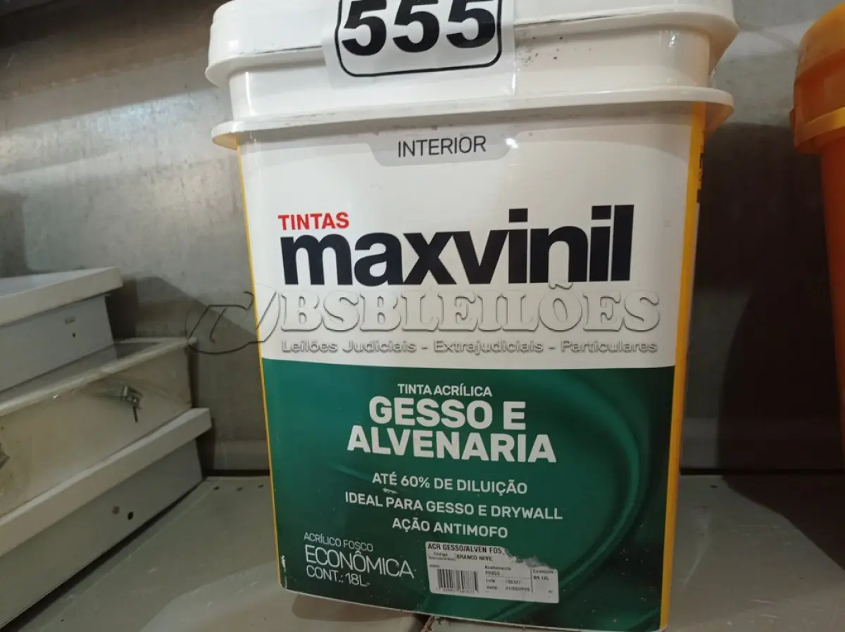 LOTE 555 - 01 BALDE DE TINTA MAXIVINIL INTERIORES NA COR FOSCO BRANCO NEVE. (NO ESTADO) ATENÇÃO! FAZER A VISITAÇÃO ANTES DE ARREMATAR, NÃO SABEMOS SE FUNCIONA. LEILÃO NÃO TEM GARANTIA E NEM DEVOLUÇÃO, SUJEITO A POSSÍVEIS AVARIAS VISÍVEIS/OCULTAS E/OU AUSÊNCIA DE COMPONENTES.