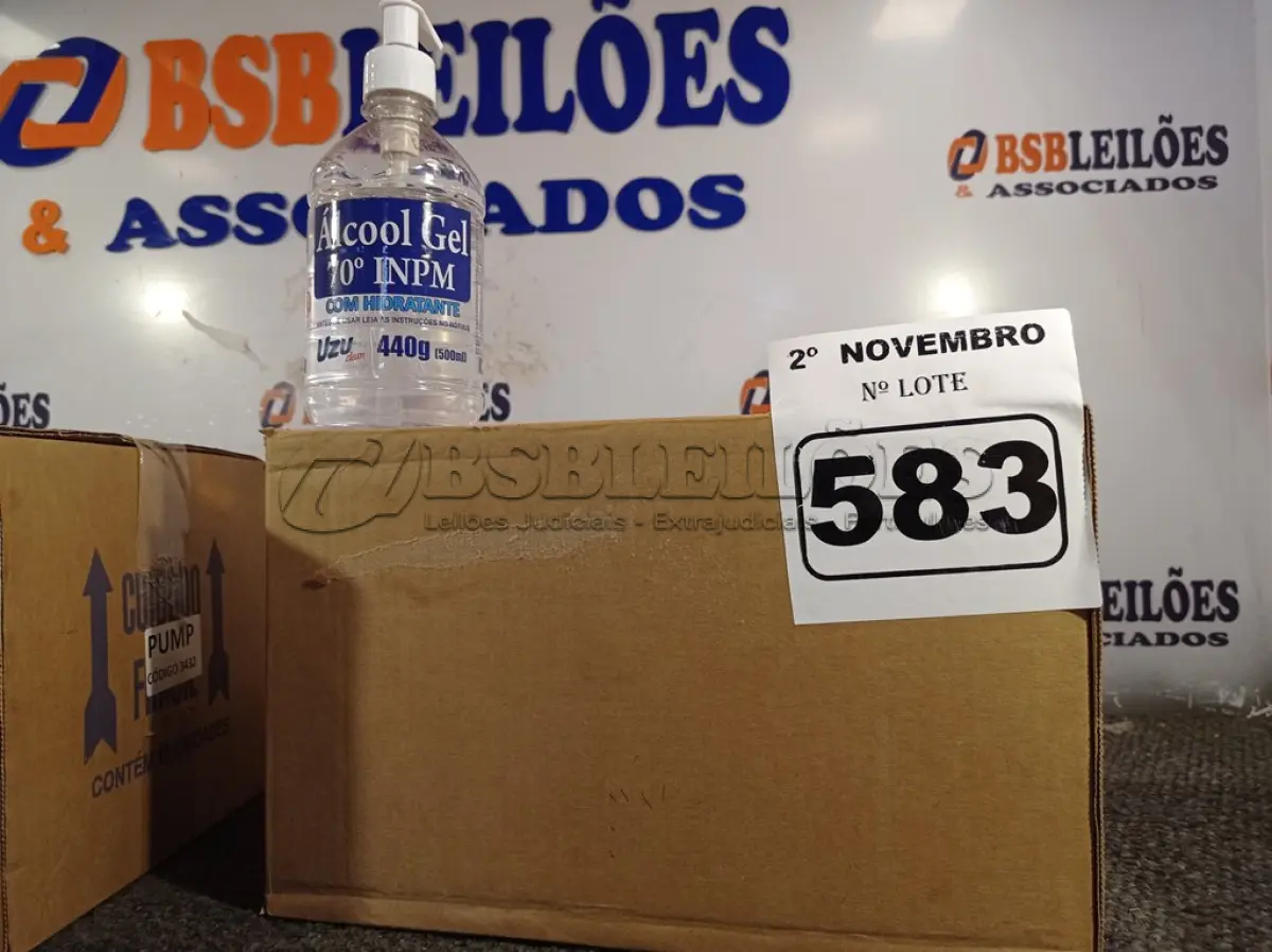 LOTE 583 - 02 CAIXAS COM ÁLCOOL EM GEL 70 COM 12 FRASCOS DE 440G CADA. (NO ESTADO) ATENÇÃO! FAZER A VISITAÇÃO ANTES DE ARREMATAR, NÃO SABEMOS SE FUNCIONA. LEILÃO NÃO TEM GARANTIA E NEM DEVOLUÇÃO, SUJEITO A POSSÍVEIS AVARIAS VISÍVEIS/OCULTAS E/OU AUSÊNCIA DE COMPONENTES.
