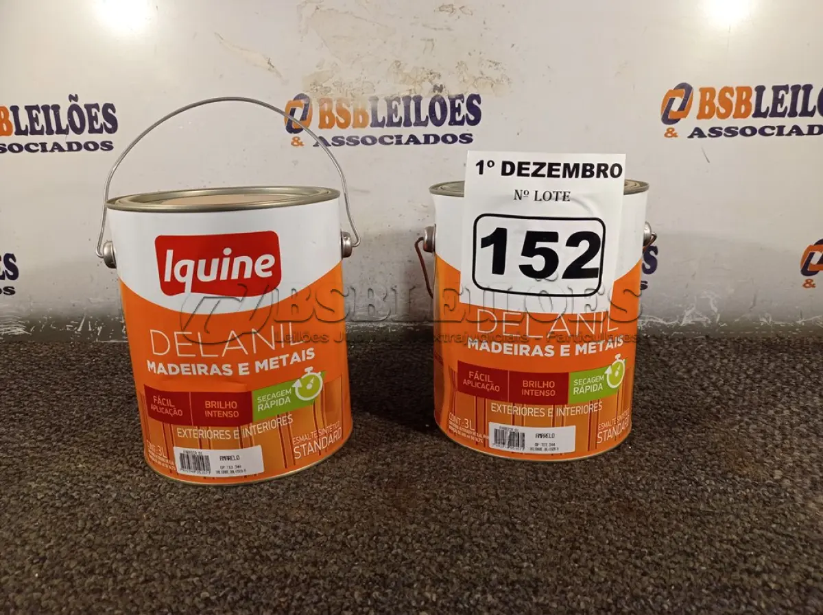 LOTE 152 - 02 GALÕES DE ESMALTE IQUINE MADEIRA E METAIS 3,6L NAS CORES AMARELO. (NO ESTADO) ATENÇÃO! FAZER A VISITAÇÃO ANTES DE ARREMATAR, NÃO SABEMOS SE FUNCIONA. LEILÃO NÃO TEM GARANTIA E NEM DEVOLUÇÃO, SUJEITO A POSSÍVEIS AVARIAS VISÍVEIS/OCULTAS E/OU AUSÊNCIA DE COMPONENTES.