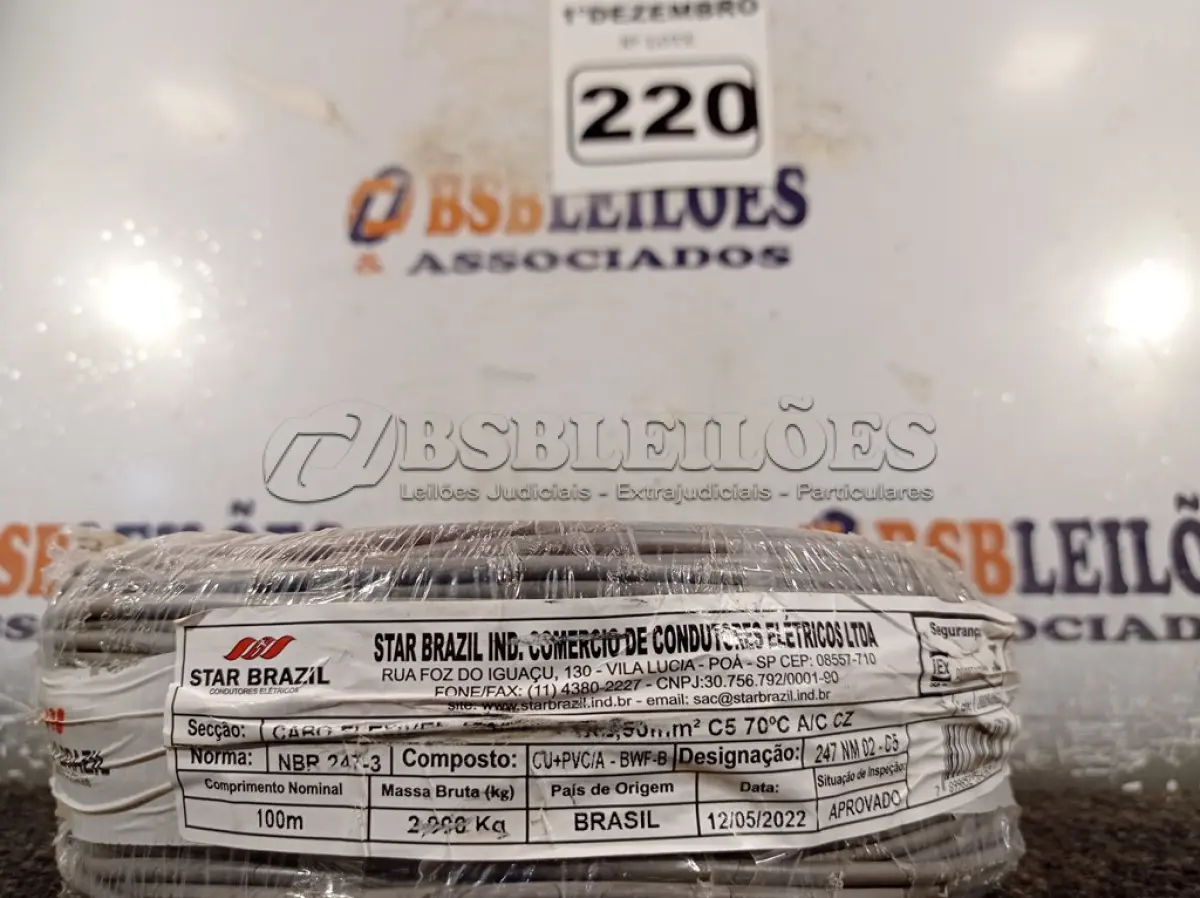 LOTE 220 - 01 ROLO DE CABO FLEXÍVEL 100M 1X2,5MM NA COR CINZA(NOVO). (NO ESTADO) ATENÇÃO! FAZER A VISITAÇÃO ANTES DE ARREMATAR, NÃO SABEMOS SE FUNCIONA. LEILÃO NÃO TEM GARANTIA E NEM DEVOLUÇÃO, SUJEITO A POSSÍVEIS AVARIAS VISÍVEIS/OCULTAS E/OU AUSÊNCIA DE COMPONENTES.
