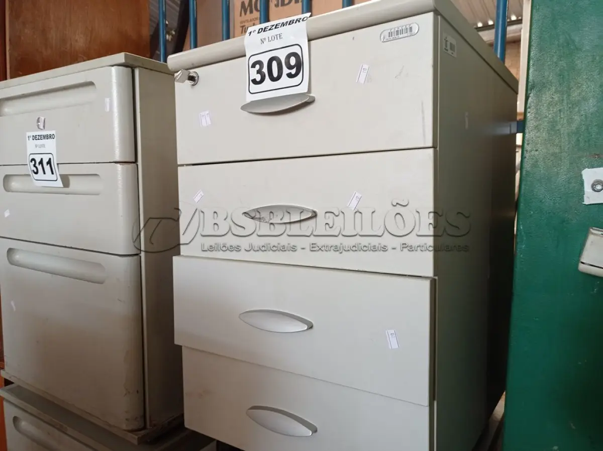 LOTE 309 - 02 GAVETEIROS COM 03 GAVETAS. (NO ESTADO) ATENÇÃO! FAZER A VISITAÇÃO ANTES DE ARREMATAR, NÃO SABEMOS SE FUNCIONA. LEILÃO NÃO TEM GARANTIA E NEM DEVOLUÇÃO, SUJEITO A POSSÍVEIS AVARIAS VISÍVEIS/OCULTAS E/OU AUSÊNCIA DE COMPONENTES.