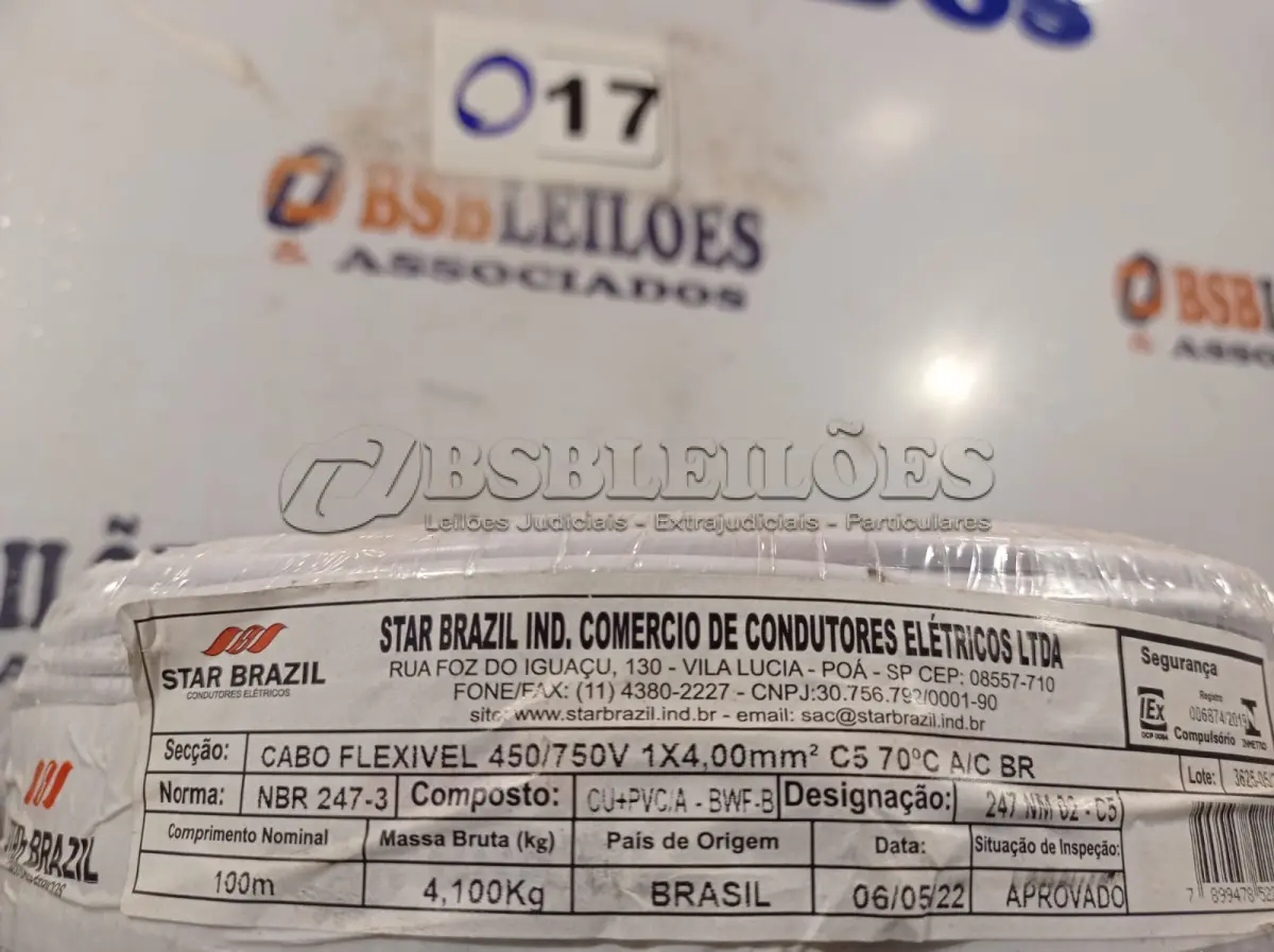LOTE 017 - 01 ROLO DE CABO FLEXÍVEL 100M 1X4MM COR BRANCA STAR BRAZIL COM SELO INMETRO. (NOVO). (NO ESTADO, NÃO SABEMOS SE FUNCIONA. LEILÃO NÃO TEM GARANTIA E NEM DEVOLUÇÃO).