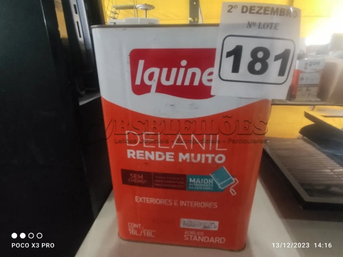 LOTE 181 - 01 LATA DE TINTA IQUINE DELANIL RENDE MUITO 18L NA COR BRANCO GELO. (NO ESTADO) ATENÇÃO! FAZER A VISITAÇÃO ANTES DE ARREMATAR, NÃO SABEMOS SE FUNCIONA. LEILÃO NÃO TEM GARANTIA E NEM DEVOLUÇÃO, SUJEITO A POSSÍVEIS AVARIAS VISÍVEIS/OCULTAS E/OU AUSÊNCIA DE COMPONENTES.