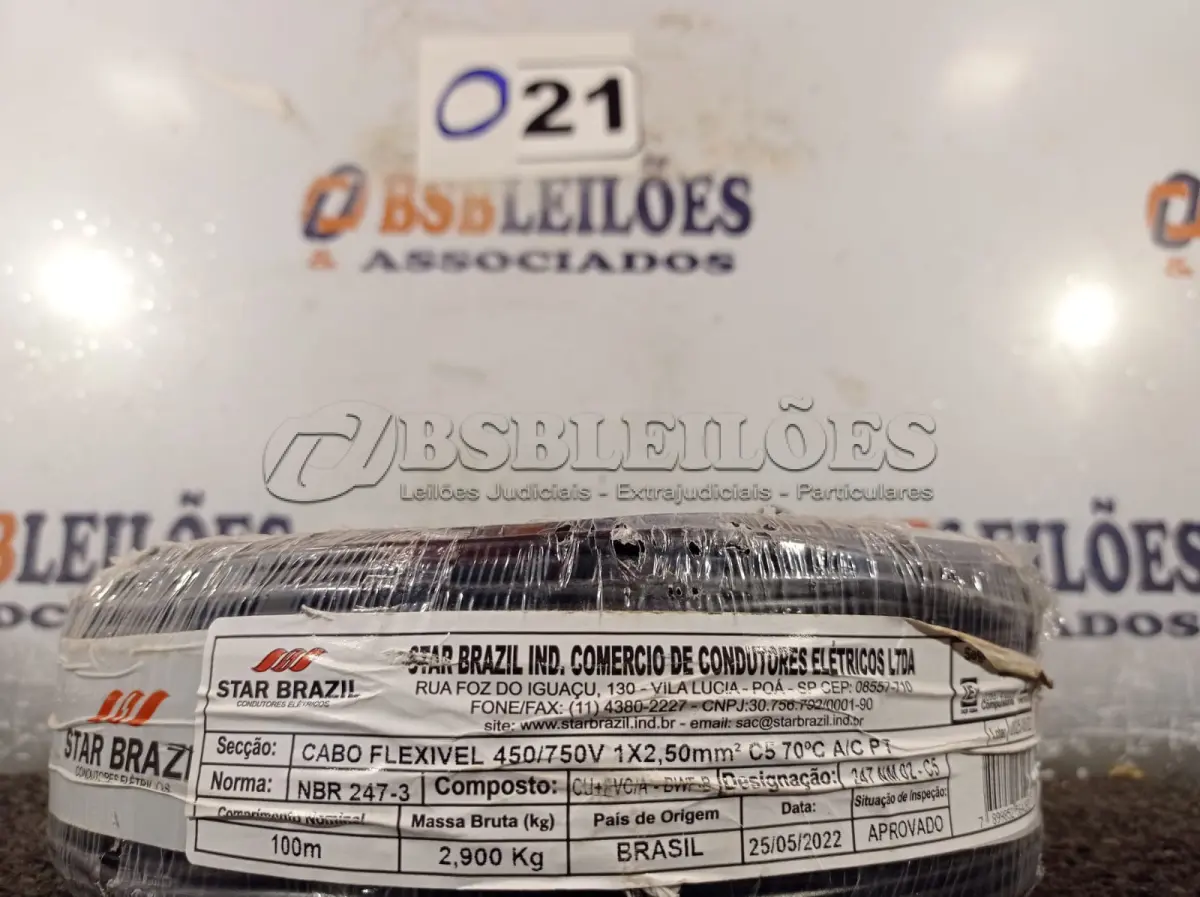 LOTE 021 - 01 ROLO DE CABO FLEXÍVEL 100M 1X2.5MM COR PRETA STAR BRAZIL COM SELO INMETRO. (NOVO). (NO ESTADO, NÃO SABEMOS SE FUNCIONA. LEILÃO NÃO TEM GARANTIA E NEM DEVOLUÇÃO).