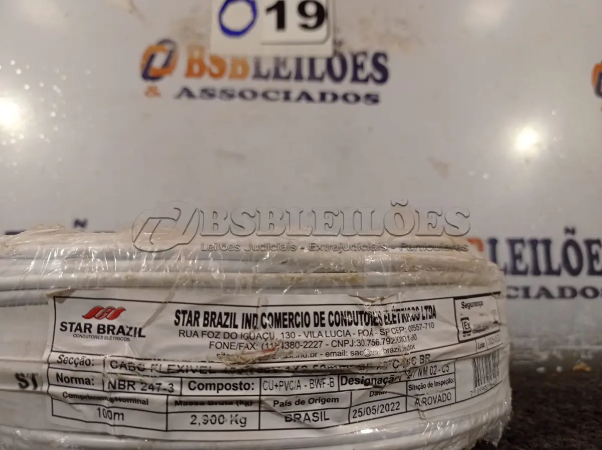 LOTE 019 - 01 ROLO DE CABO FLEXÍVEL 100M 1X2,5MM COR BRANCA STAR BRAZIL COM SELO INMETRO. (NOVO). (NO ESTADO, NÃO SABEMOS SE FUNCIONA. LEILÃO NÃO TEM GARANTIA E NEM DEVOLUÇÃO).
