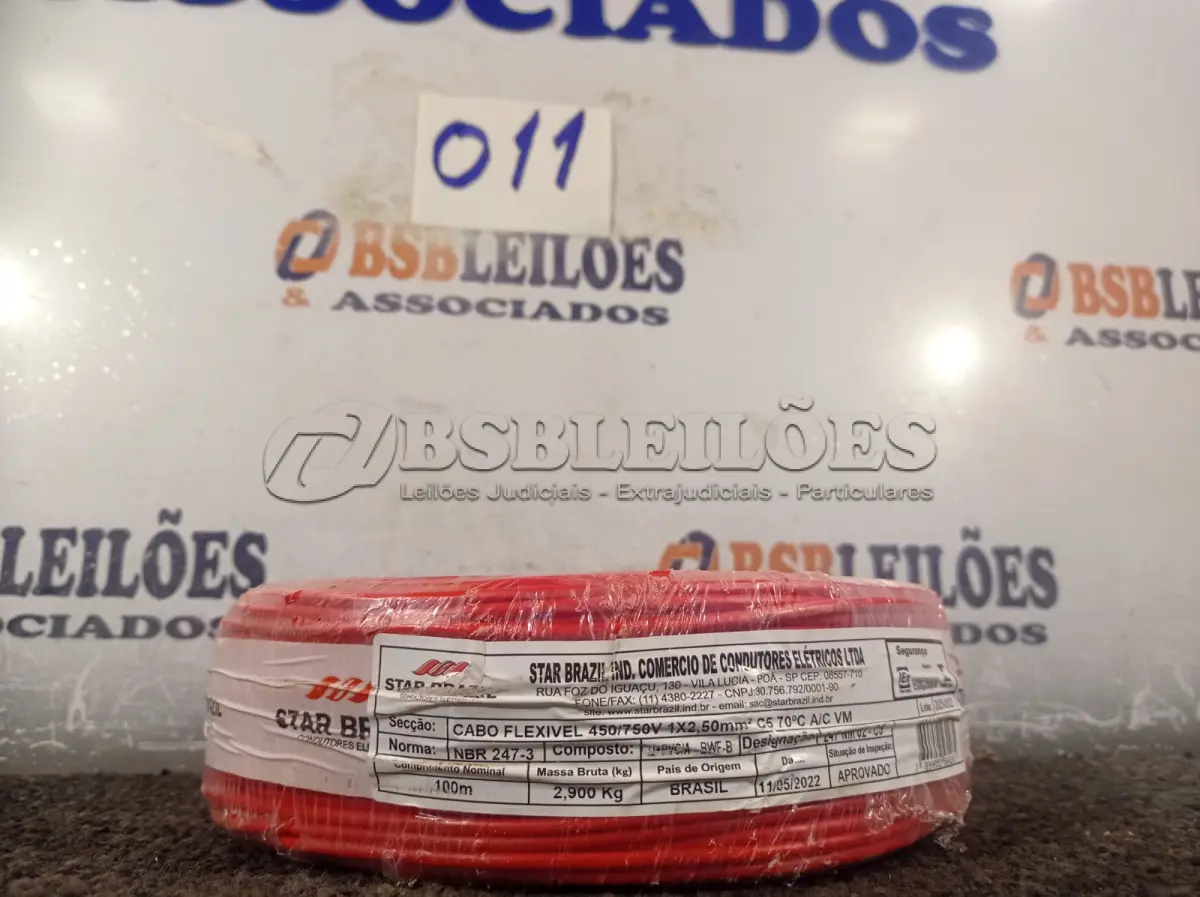LOTE 011 - 01 ROLO DE CABO FLEXÍVEL 100M 1X2,5MM COR VERMELHO STAR BRAZIL COM SELO INMETRO. (NOVO). (NO ESTADO, NÃO SABEMOS SE FUNCIONA. LEILÃO NÃO TEM GARANTIA E NEM DEVOLUÇÃO).
