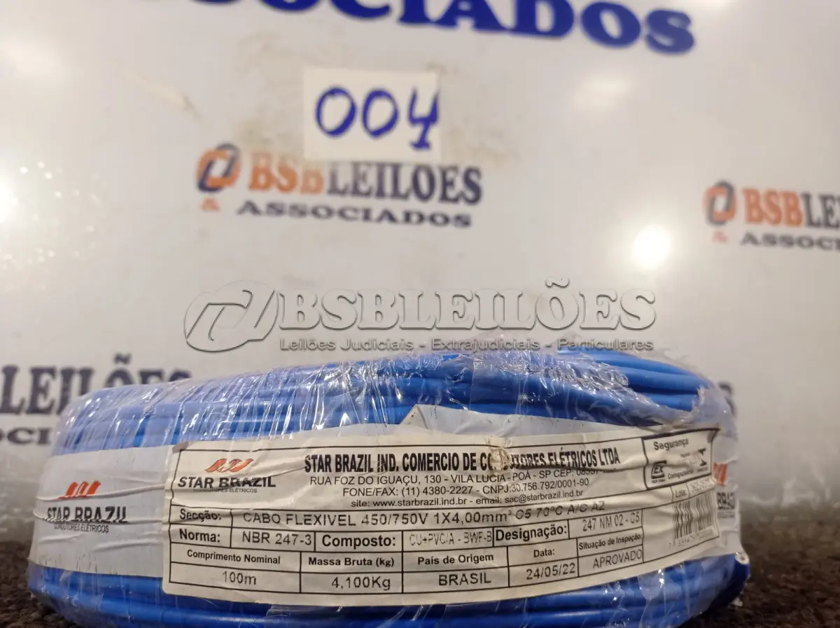 LOTE 004 - 01 ROLO DE CABO FLEXÍVEL 100M 1X4MM COR AZUL STAR BRAZIL COM SELO INMETRO. (NOVO). (NO ESTADO, NÃO SABEMOS SE FUNCIONA. LEILÃO NÃO TEM GARANTIA E NEM DEVOLUÇÃO).