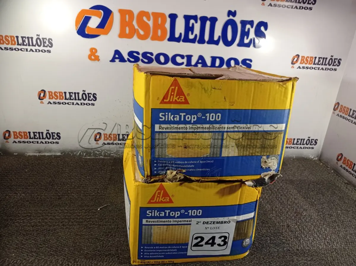 LOTE 243 - 02 CAIXAS DE SIKA TOP-100, REVESTIMENTO IMPERMEABILIZANTE SEMI-FLEXIVEL 18KG. (NO ESTADO) ATENÇÃO! FAZER A VISITAÇÃO ANTES DE ARREMATAR, NÃO SABEMOS SE FUNCIONA. LEILÃO NÃO TEM GARANTIA E NEM DEVOLUÇÃO, SUJEITO A POSSÍVEIS AVARIAS VISÍVEIS/OCULTAS E/OU AUSÊNCIA DE COMPONENTES.
