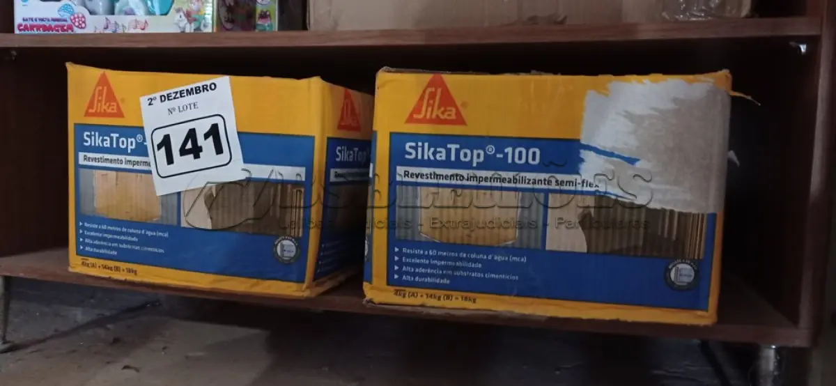 LOTE 141 - 02 CAIXAS DE SIKA TOP-100, REVESTIMENTO IMPERMEABILIZANTE SEMI-FLEXIVEL 18KG. (NO ESTADO) ATENÇÃO! FAZER A VISITAÇÃO ANTES DE ARREMATAR, NÃO SABEMOS SE FUNCIONA. LEILÃO NÃO TEM GARANTIA E NEM DEVOLUÇÃO, SUJEITO A POSSÍVEIS AVARIAS VISÍVEIS/OCULTAS E/OU AUSÊNCIA DE COMPONENTES.
